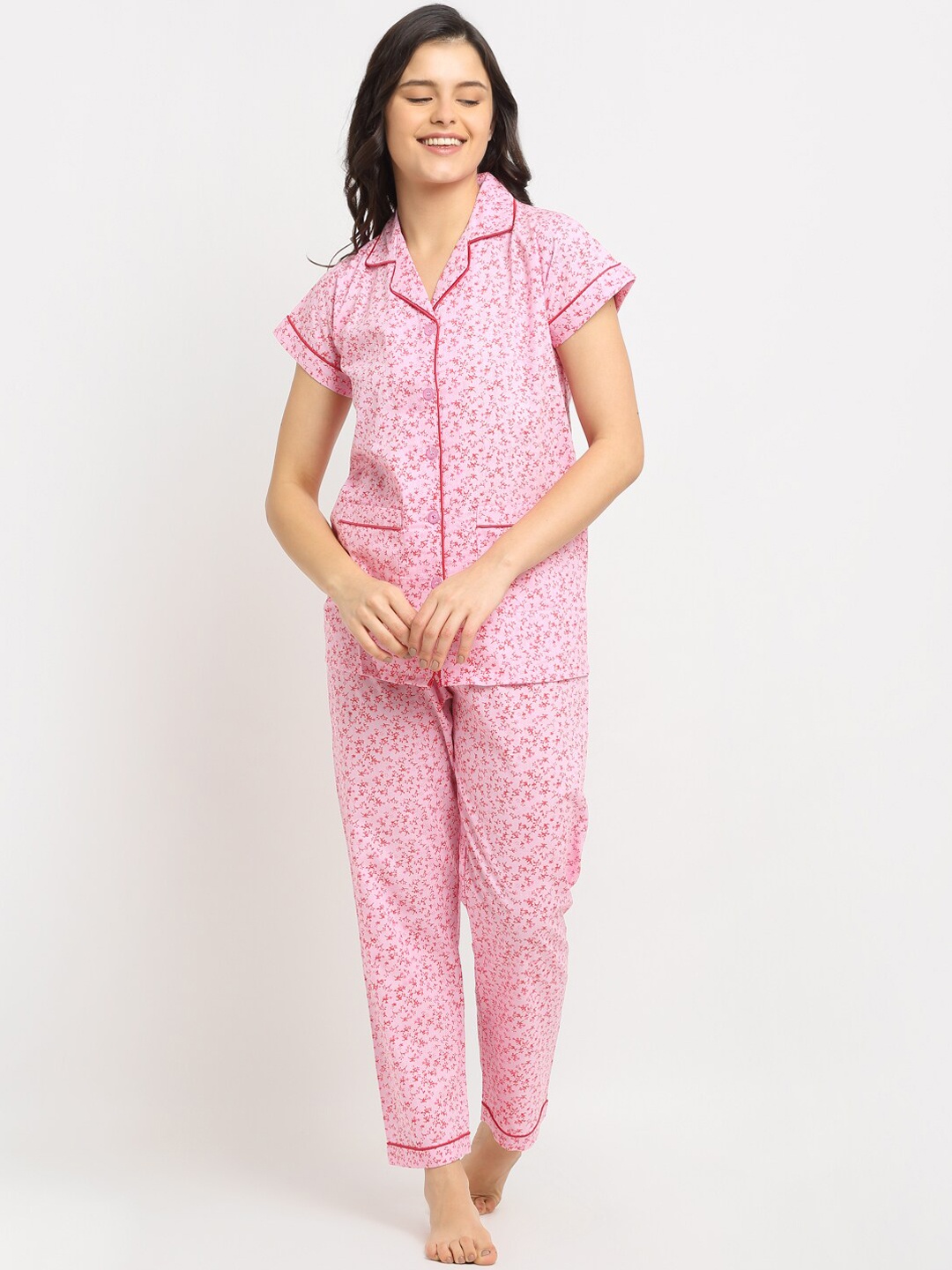 NEUDIS Women Pink Floral Printed Night suit