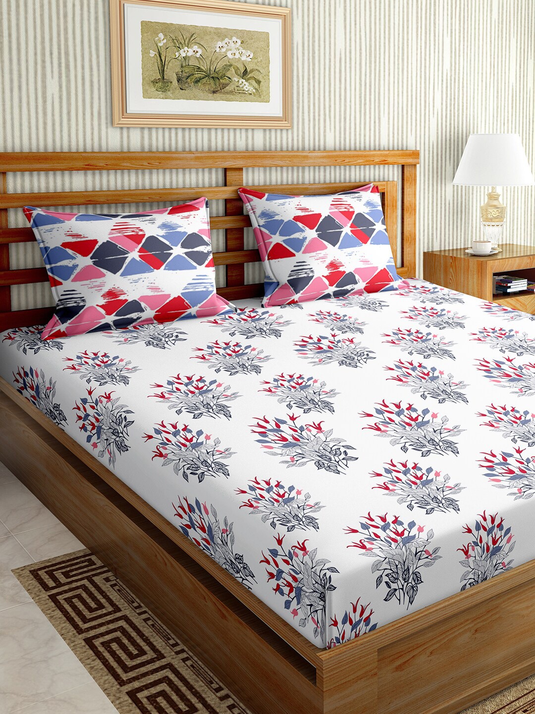 BELLA CASA White & Blue Floral 150 TC King Bedsheet with 1 Pillow Covers