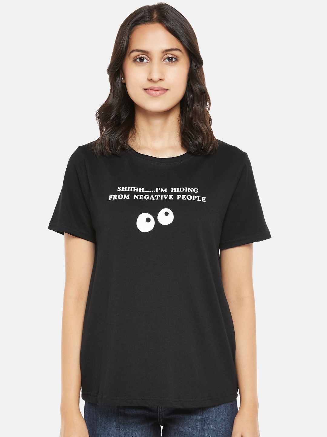 People Women Black Typography Printed Applique T-shirt