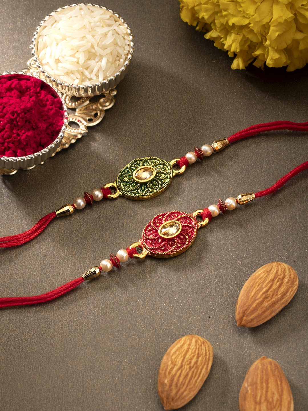 Peora Set of 2 Handmade Kundan Rakhi with Raksha Bandhan Greeting Card & Roli Chawal, Red
Peora Set of 2 Handmade Kundan Rakhi with Raksha Bandhan Greeting Card & Roli Chawal, Red