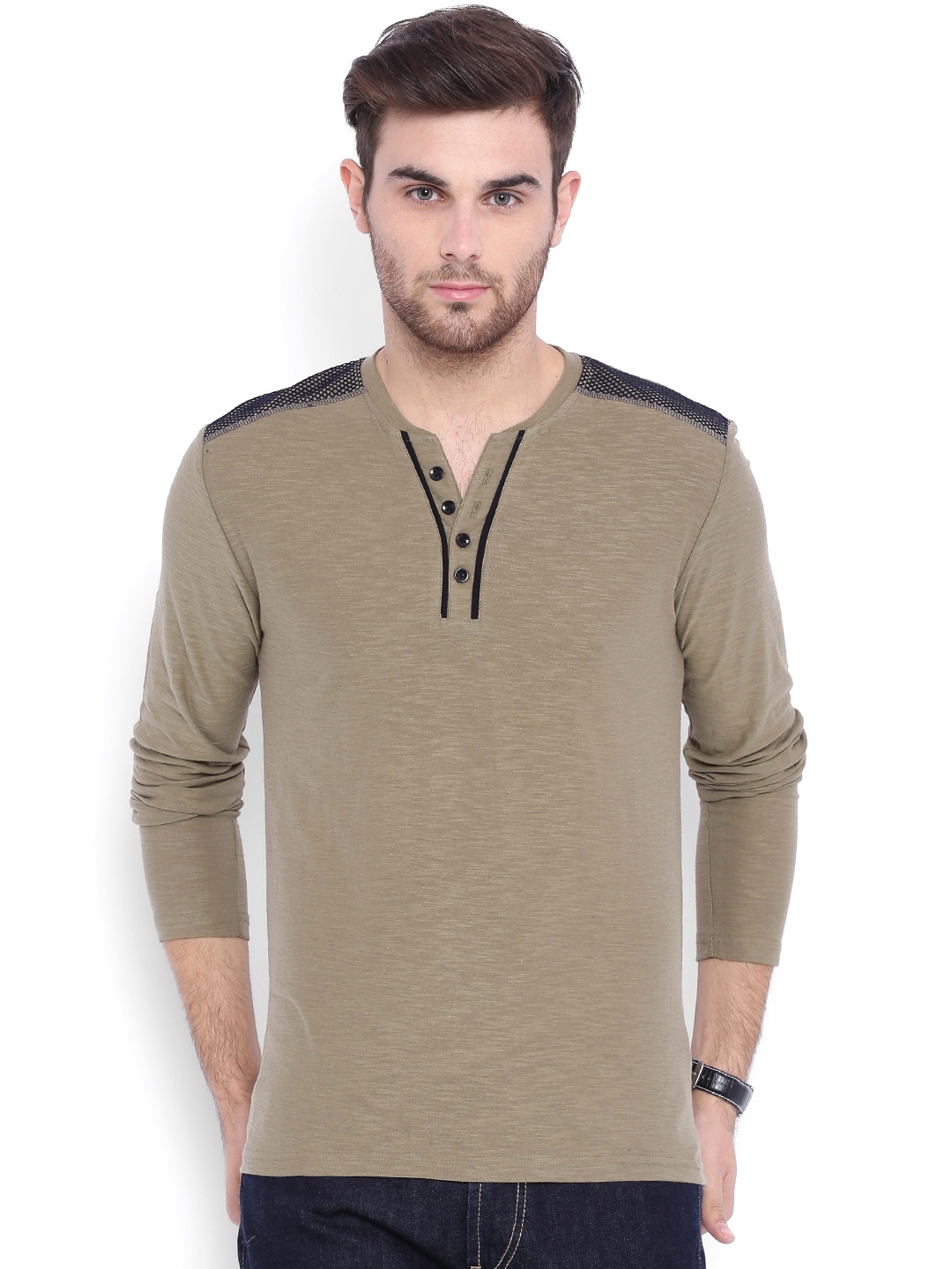 ARISE Men Olive Solid Henley Neck T-shirt