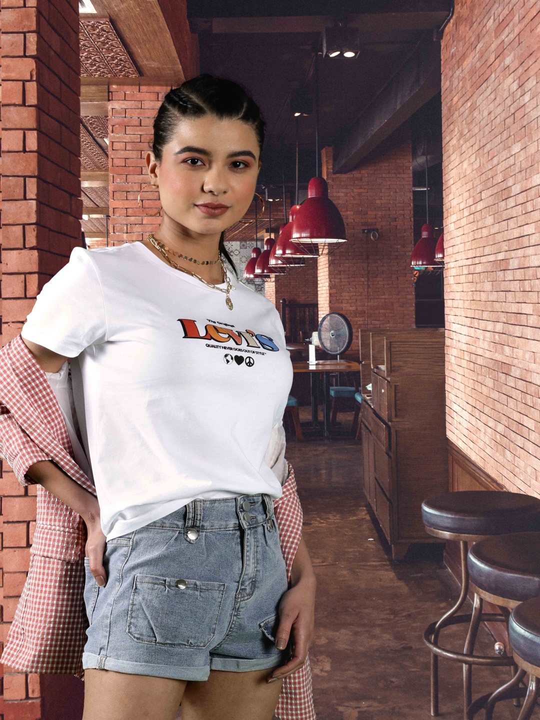 Levis Women White Brand Logo Printed Pure Cotton T-shirt