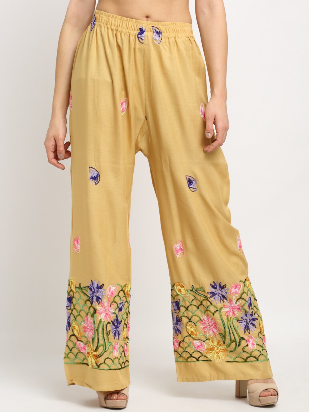 NEUDIS Women Beige Floral Embroidered Ethnic Palazzos