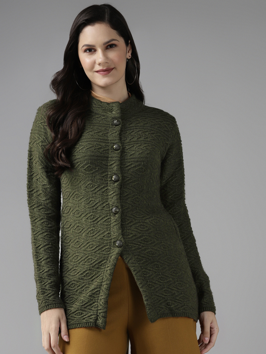 Cayman Women Olive Green Self Designed Cardigan Sweater
Cayman Women Olive Green Self Designed Cardigan Sweater