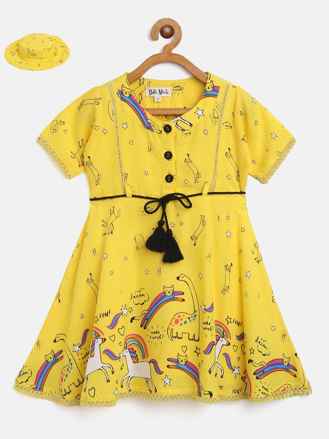 Bella Moda Girls Yellow & Black Unicorn Print Fit & Flare Dress with Bucket Hat & Belt
Bella Moda Girls Yellow & Black Unicorn Print Fit & Flare Dress with Bucket Hat & Belt