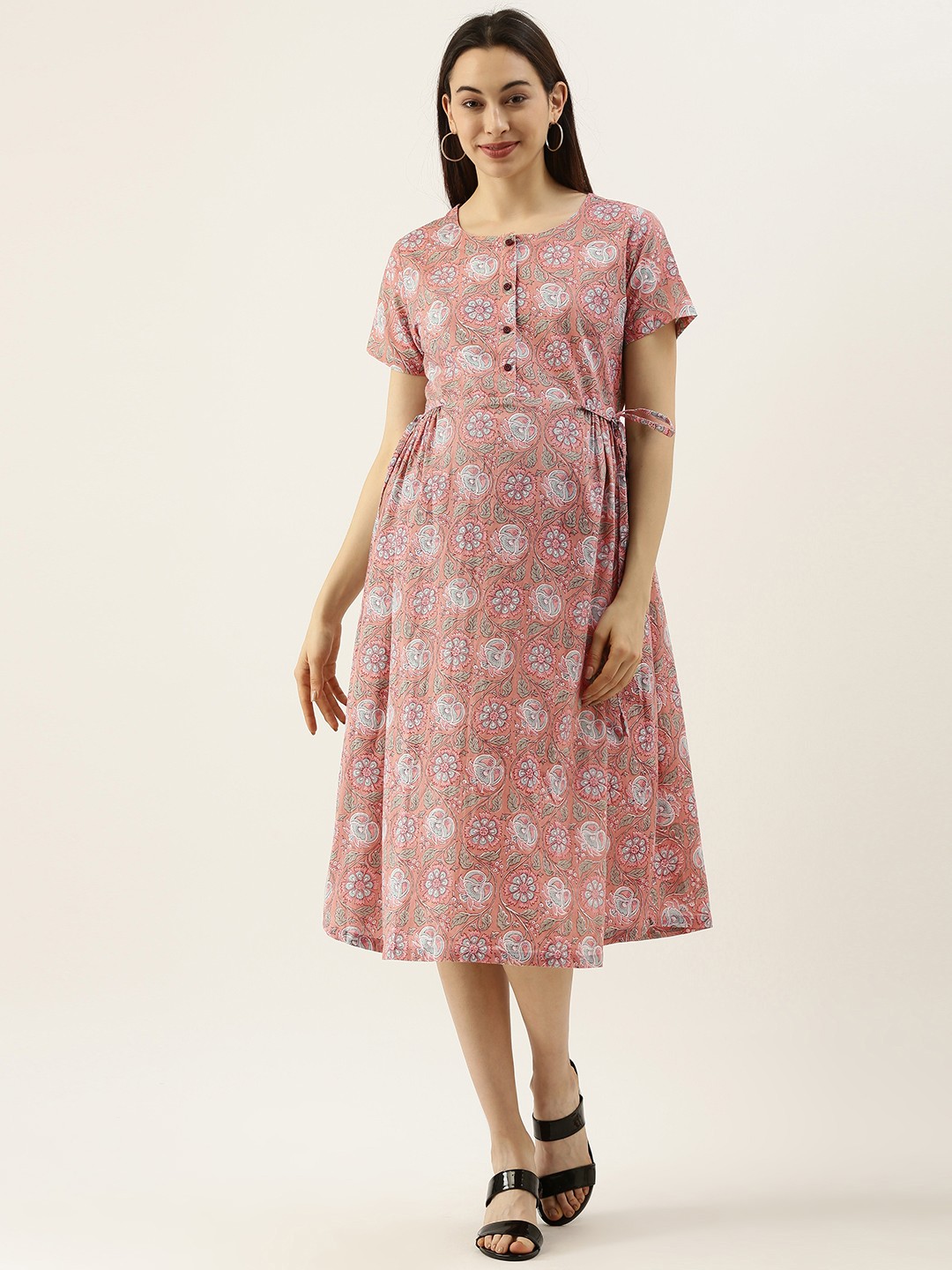 Nejo Peach-Coloured & Green Ethnic Motifs Feeding-Nursing Maternity Pure Cotton Midi Dress
Nejo Peach-Coloured & Green Ethnic Motifs Feeding-Nursing Maternity Pure Cotton Midi Dress
