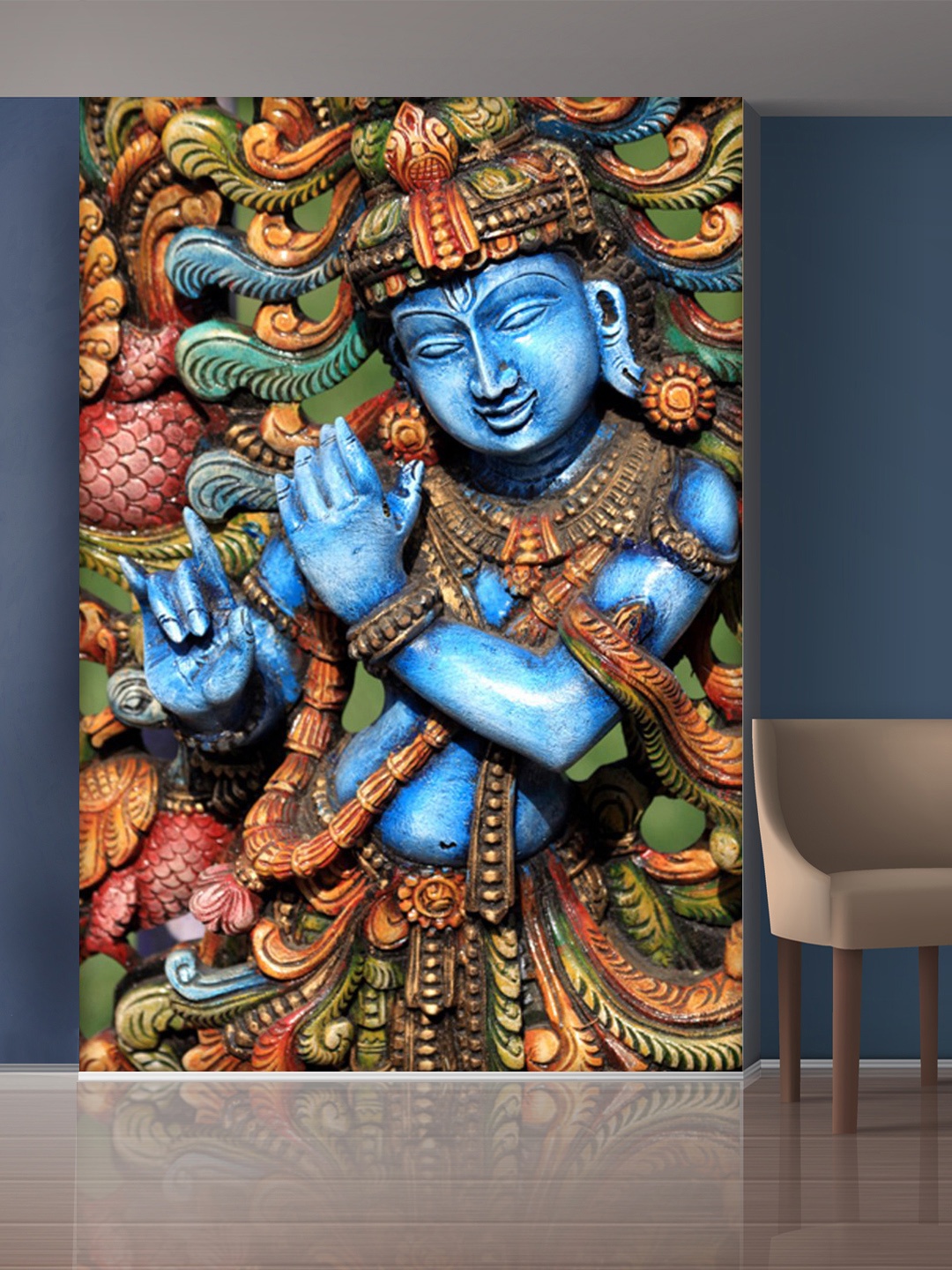 999Store Blue & Green Lord Krishan Self-Adhesive Mural Wallpaper