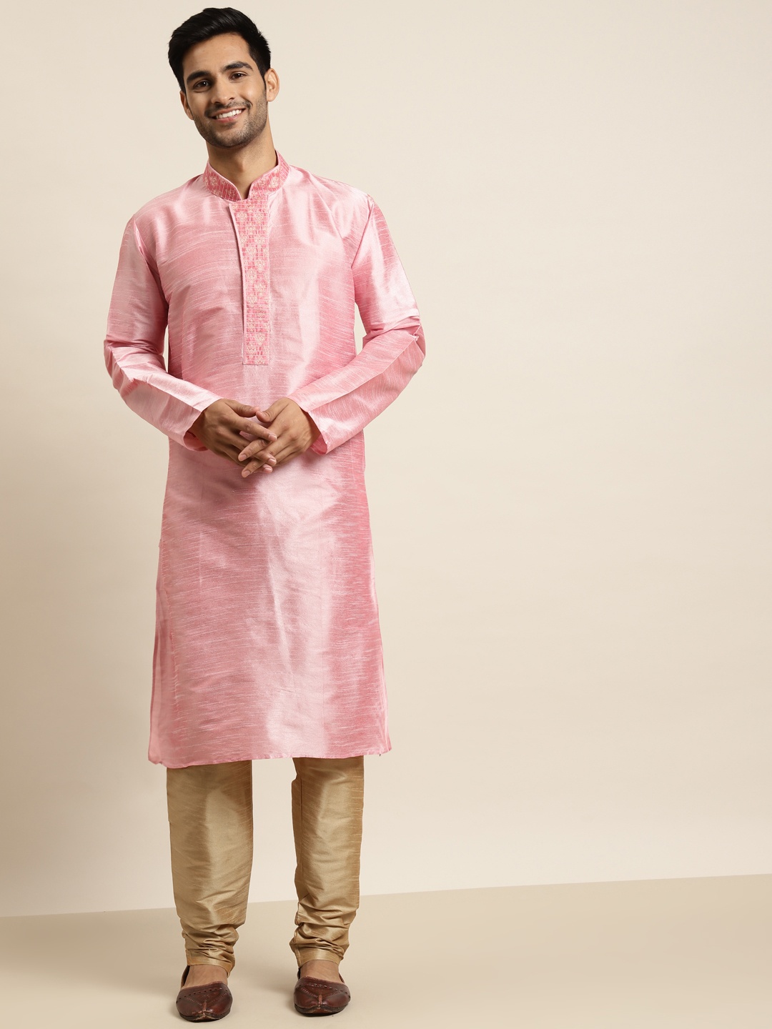 SOJANYA Men Pink & Golden Solid Thread Work Regular Kurta with Churidar