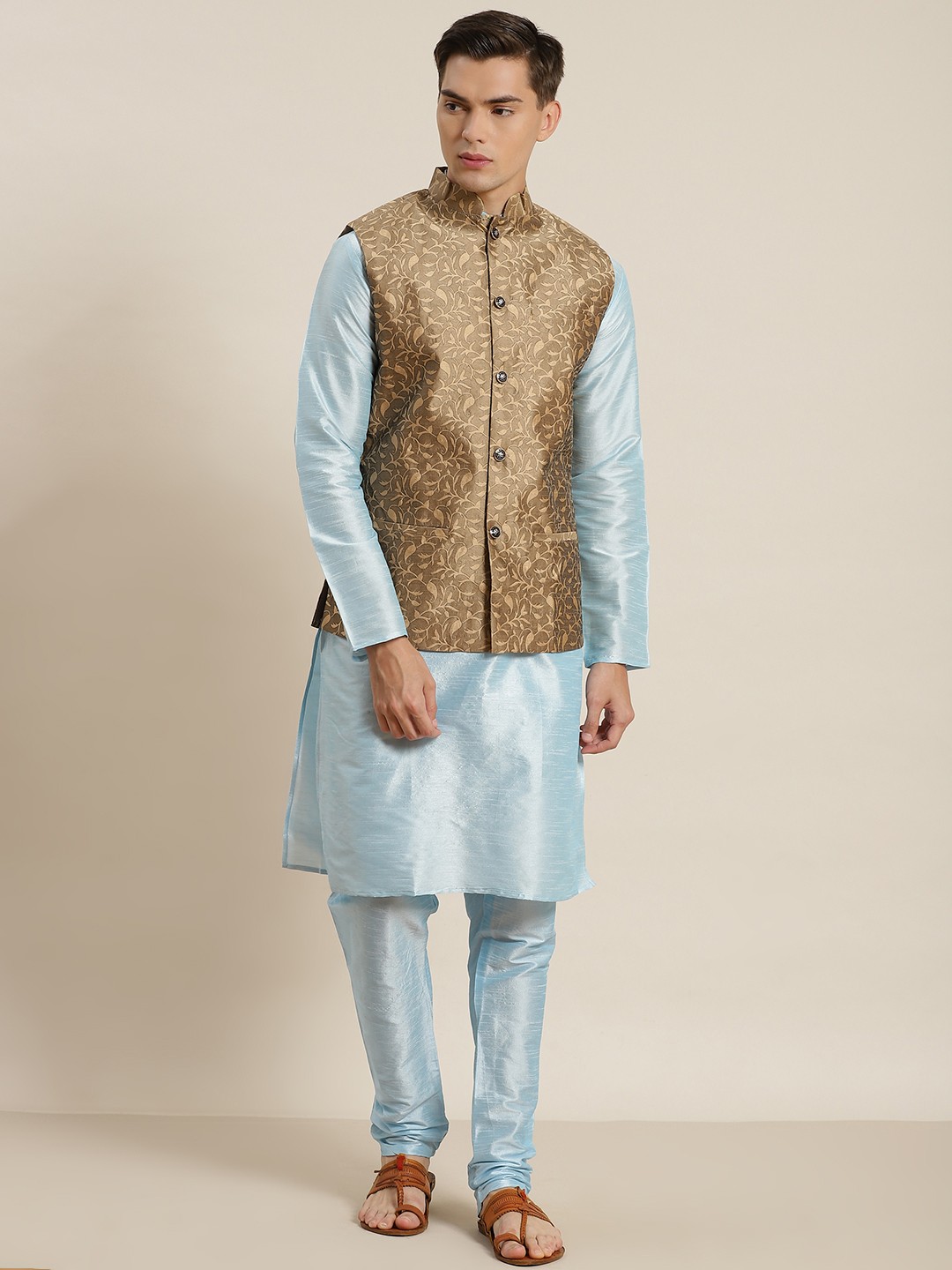 SOJANYA Men Blue & Olive Green Solid Kurta with Churidar & Patterned Nehru Jacket