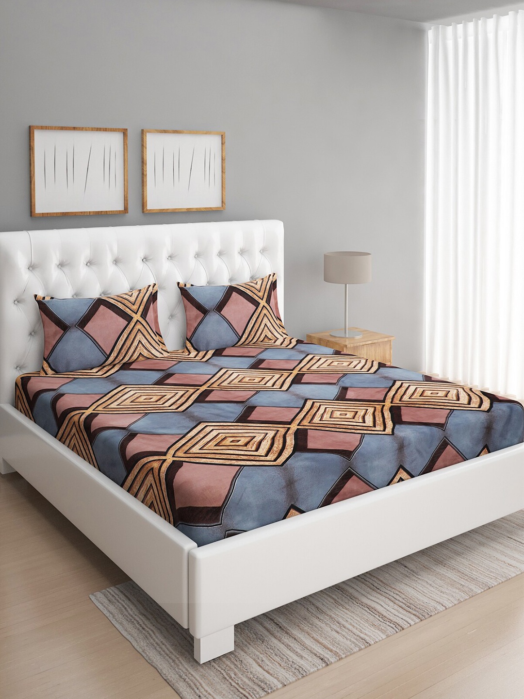 ROMEE Blue & Brown Geometric Printed 144 TC Cotton Queen Bedsheet with 2 Pillow Covers
ROMEE Blue & Brown Geometric Printed 144 TC Cotton Queen Bedsheet with 2 Pillow Covers