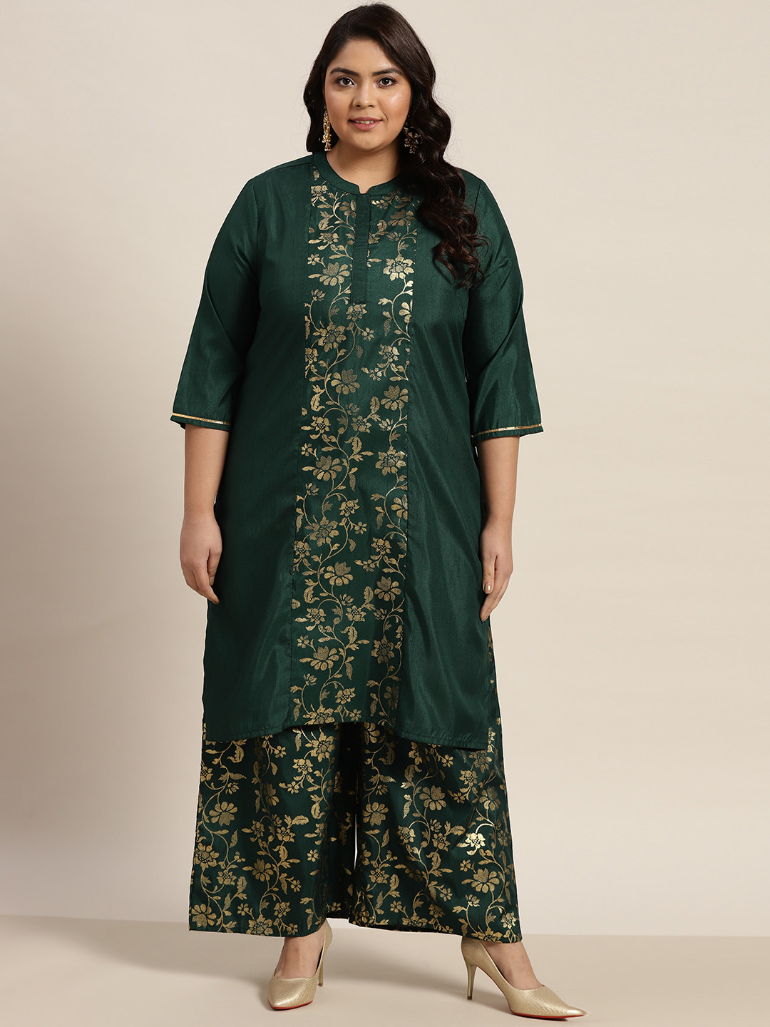 Sztori Plus Size Women Green & Golden Ethnic Motifs Printed Panelled Kurta with Palazzos
Sztori Plus Size Women Green & Golden Ethnic Motifs Printed Panelled Kurta with Palazzos