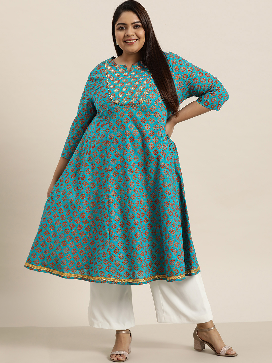 Sztori Women Plus Size Turquoise Blue & Rust Orange Pure Cotton Printed Gotta Patti Kurta
Sztori Women Plus Size Turquoise Blue & Rust Orange Pure Cotton Printed Gotta Patti Kurta