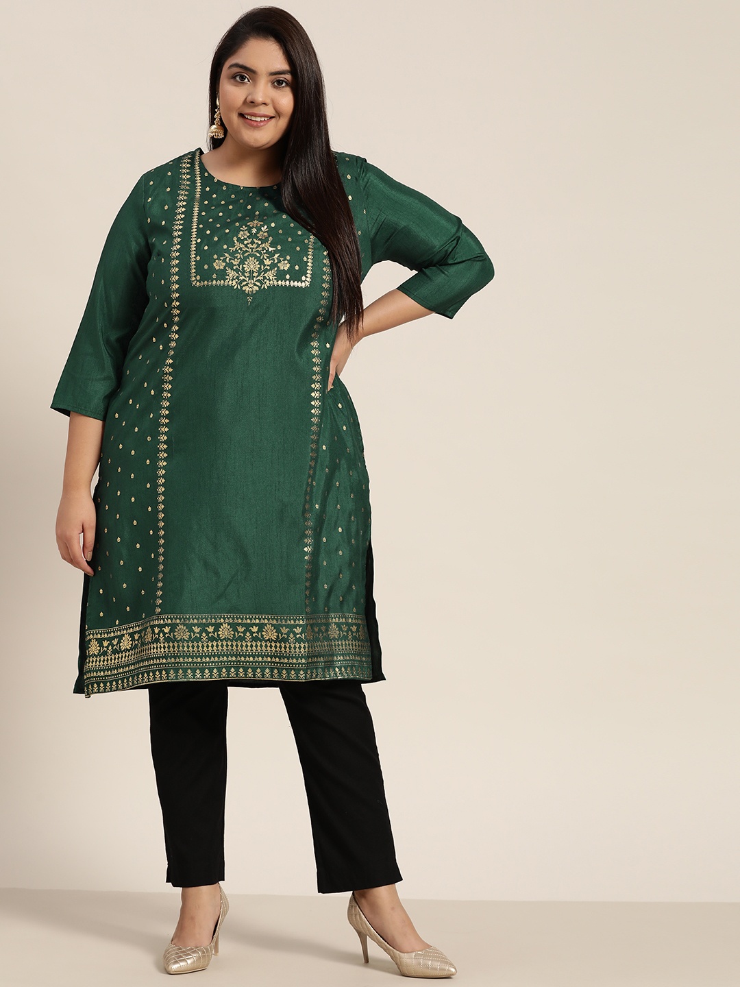 Sztori Plus Size Women Green & Golden Ethnic Motifs Printed Kurta