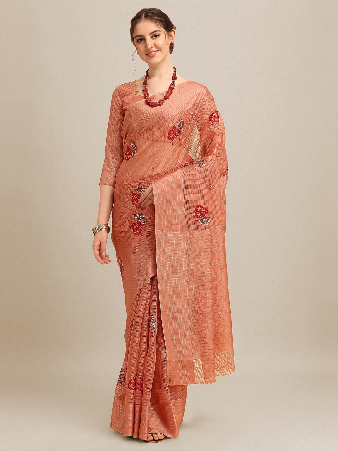 RAJGRANTH Orange & Red Floral Embroidered Designer Kota Saree