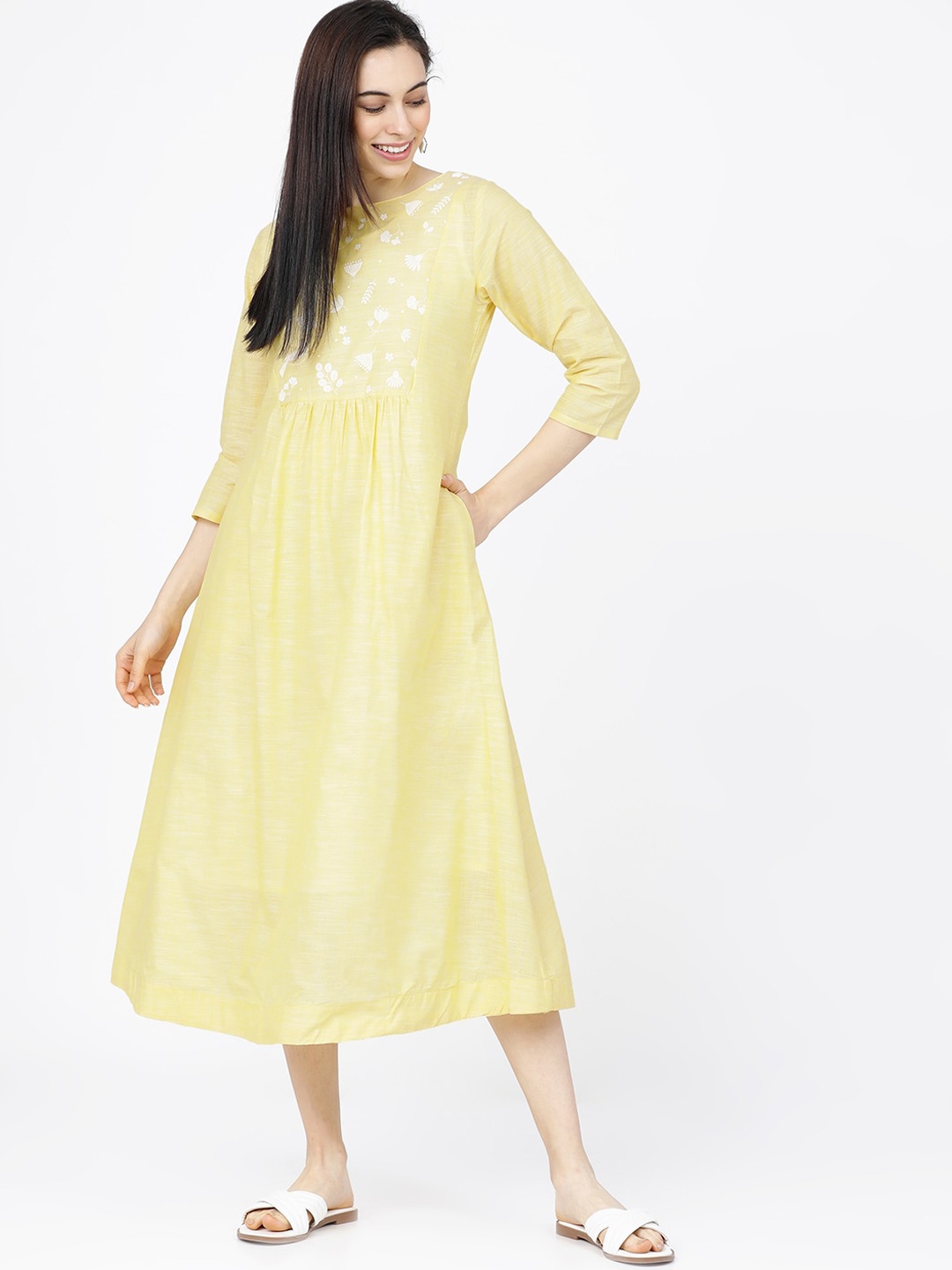 Vishudh Yellow Floral Printed A-Line Midi Dress