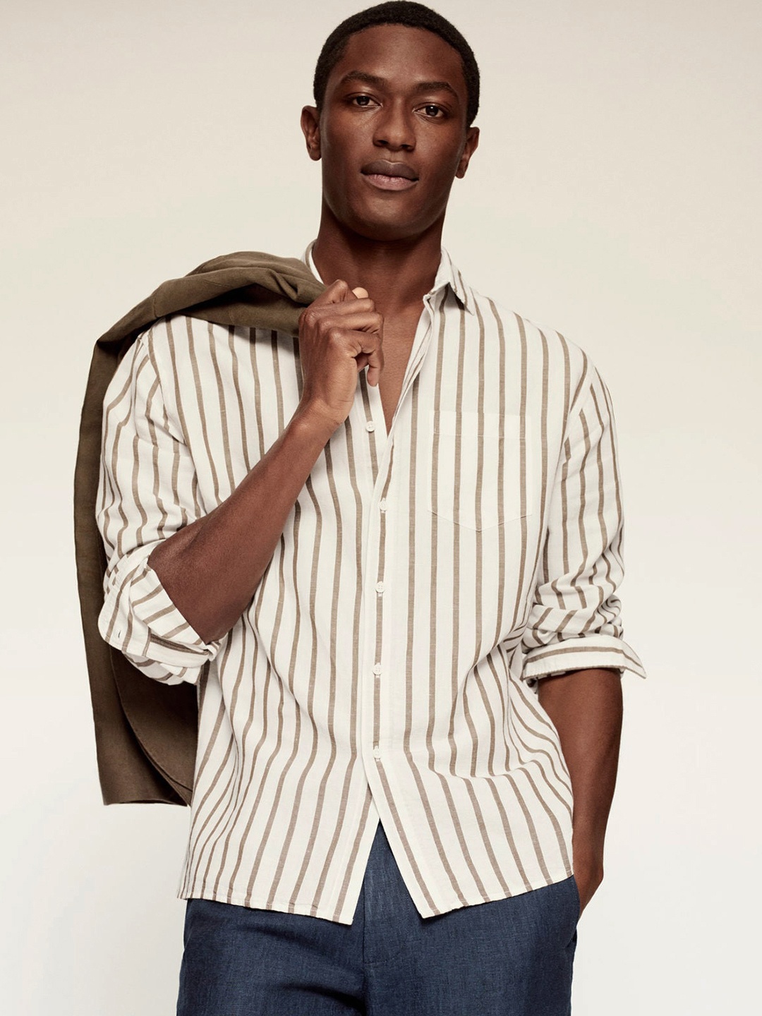 MANGO MAN Men Off White & Green Striped Casual Shirt