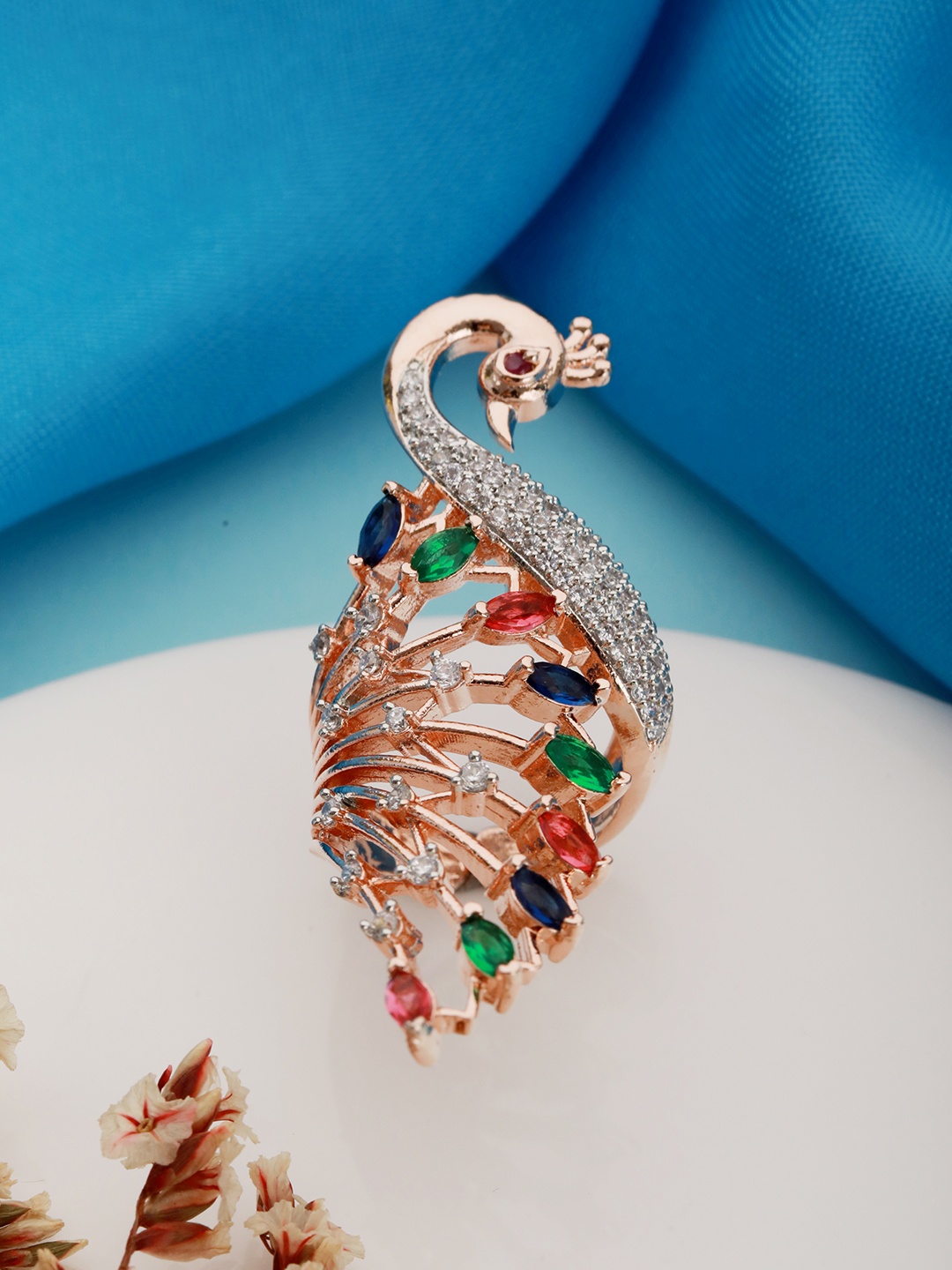 Saraf RS Jewellery Rose Gold-Plated White & Blue AD-Studded & CZ-Studded Handcrafted Adjustable Finger Ring
Saraf RS Jewellery Rose Gold-Plated White & Blue AD-Studded & CZ-Studded Handcrafted Adjustable Finger Ring