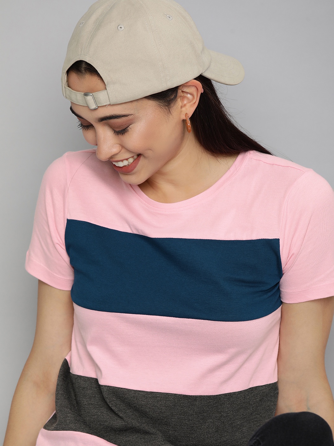 Mast Harbour Women Pink Navy Blue Colourblocked Pure Cotton T-shirt