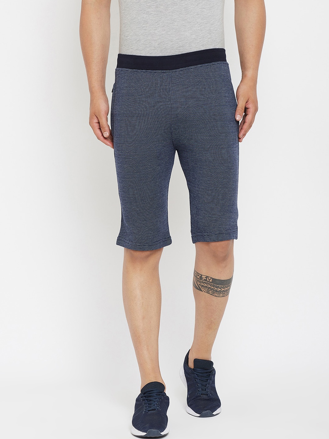 Okane Men Navy Blue Striped Mid-Rise Regular Shorts