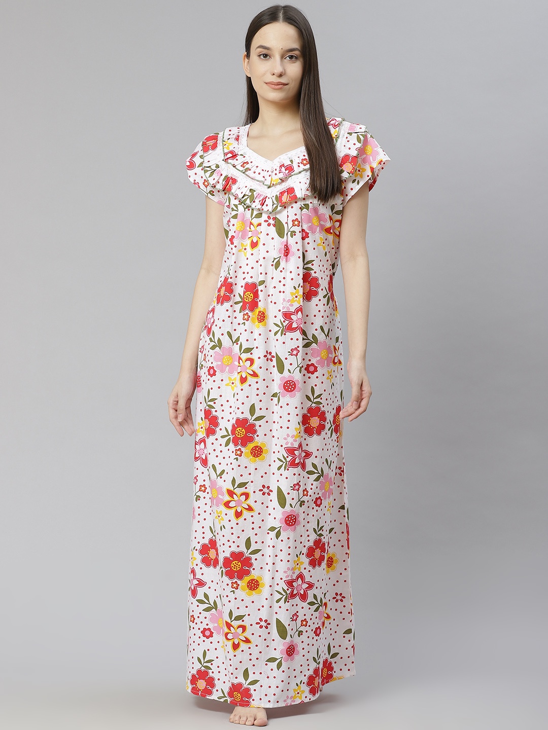 Vemante White Printed Maxi Nightdress