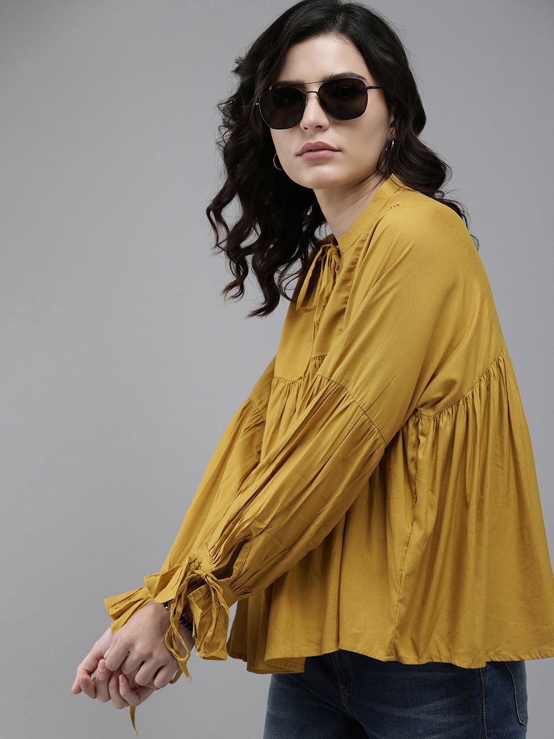 Roadster Mustard Yellow Tie-Up Neck Empire Top