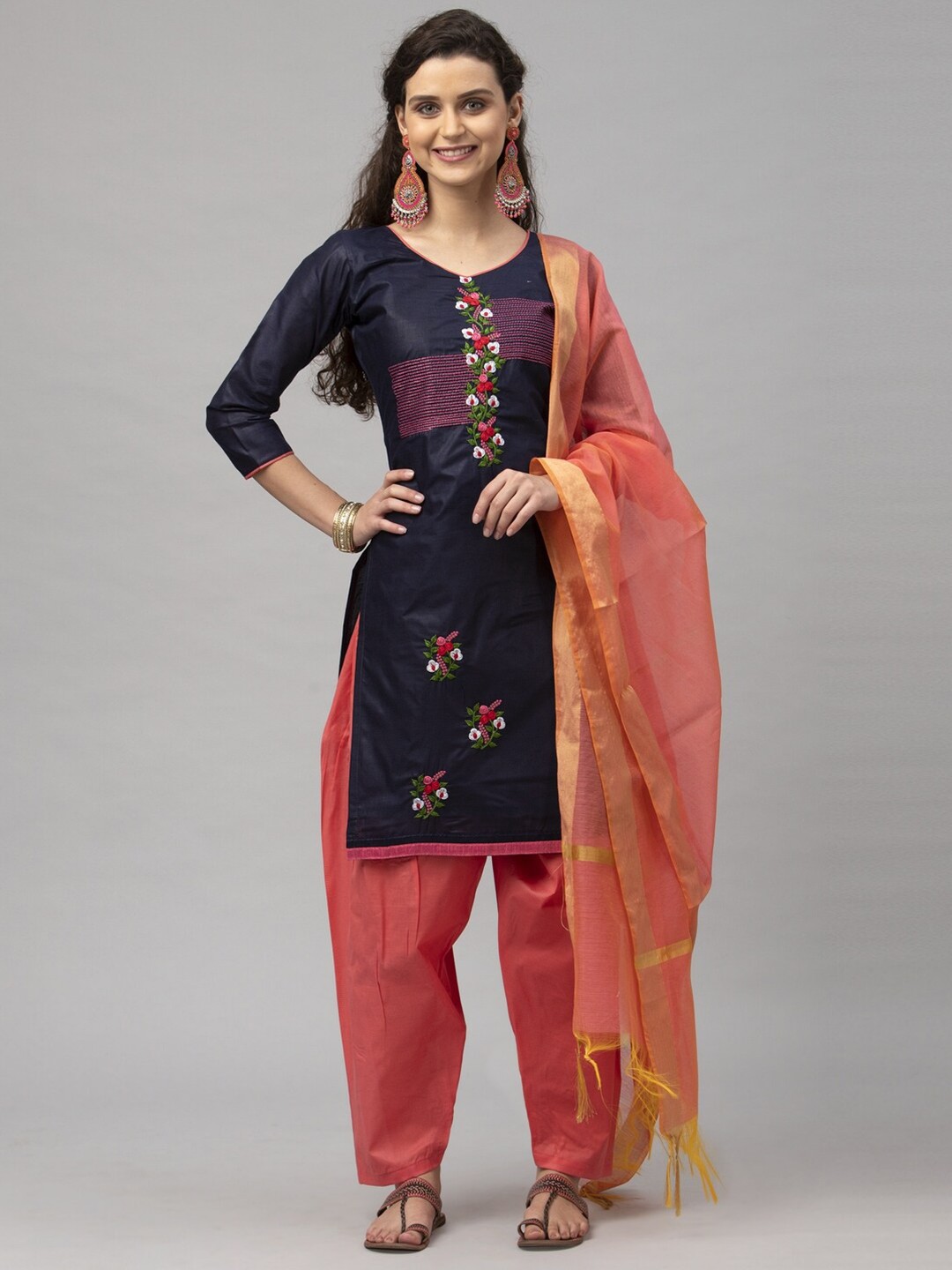 Satrani Navy Blue & Peach-Coloured Embroidered Pure Cotton Unstitched Dress Material
Satrani Navy Blue & Peach-Coloured Embroidered Pure Cotton Unstitched Dress Material