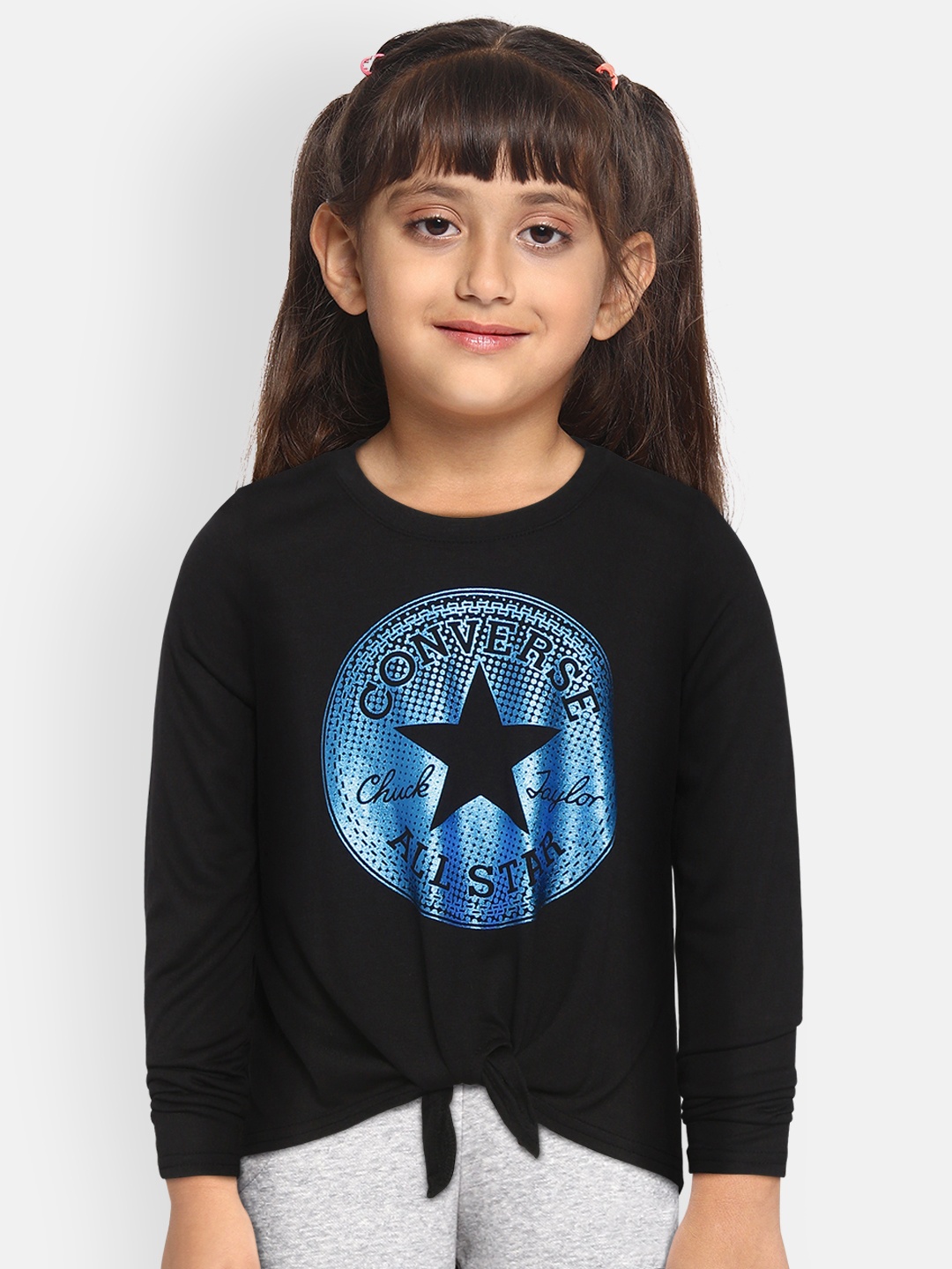 Converse Girls Black & Blue Brand Logo Print Tie Front Top