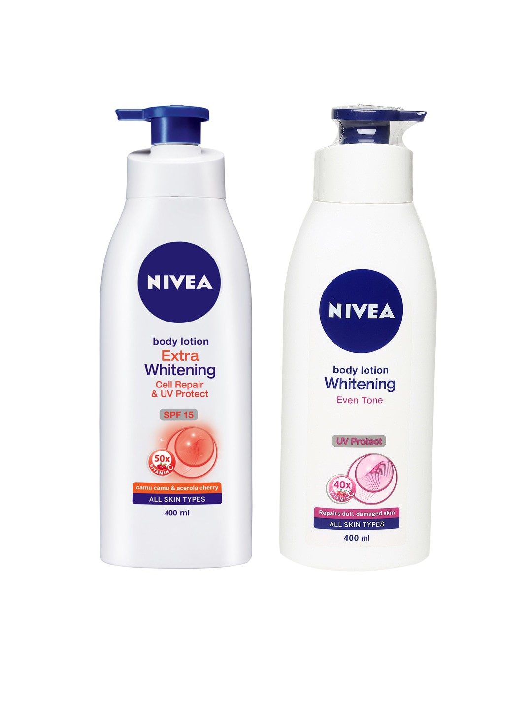 Nivea Set of Extra Whitening Cell Repair & Even Tone UV Protect Whitening Body Lotions, White
Nivea Set of Extra Whitening Cell Repair & Even Tone UV Protect Whitening Body Lotions, White