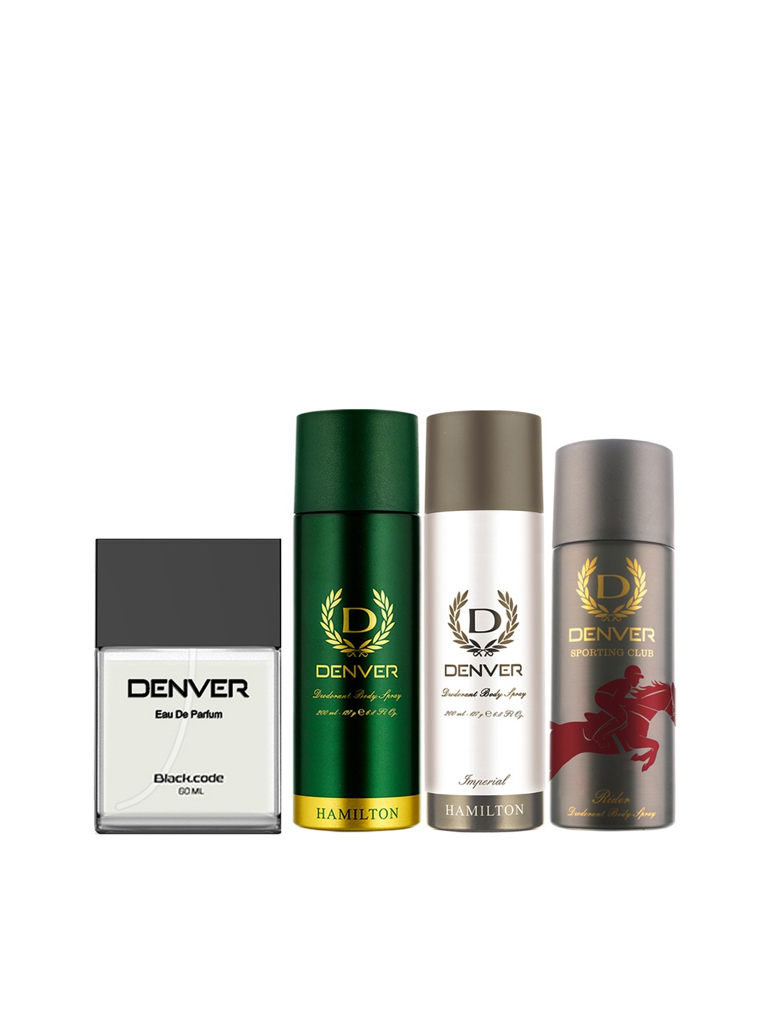 Denver Men Set of Black Code EDP with Sporting Club Rider Deodorant & 2 Hamilton Deodorant, Grey
Denver Men Set of Black Code EDP with Sporting Club Rider Deodorant & 2 Hamilton Deodorant, Grey