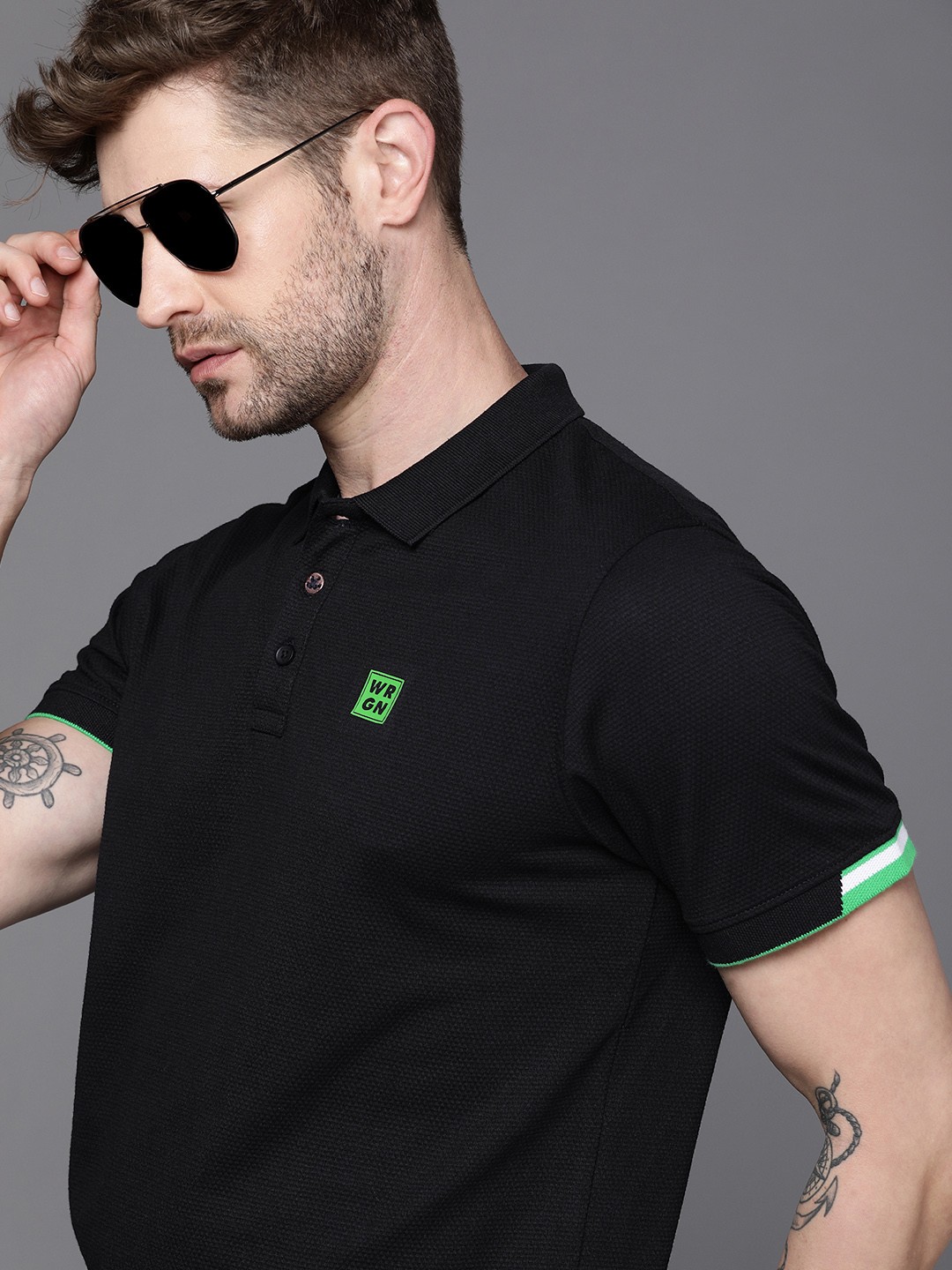 WROGN Men Black & Green Brand Logo Printed Polo Collar Slim Fit T-shirt