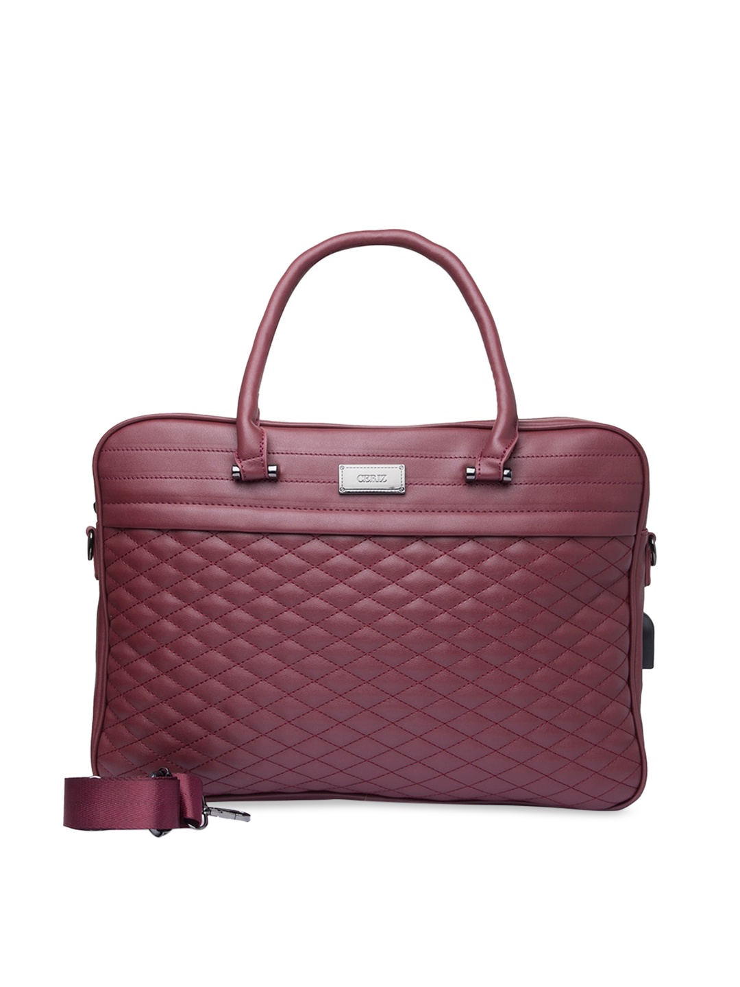 CERIZ Burgundy PU Oversized Structured Handheld Bag with Quilted Detail