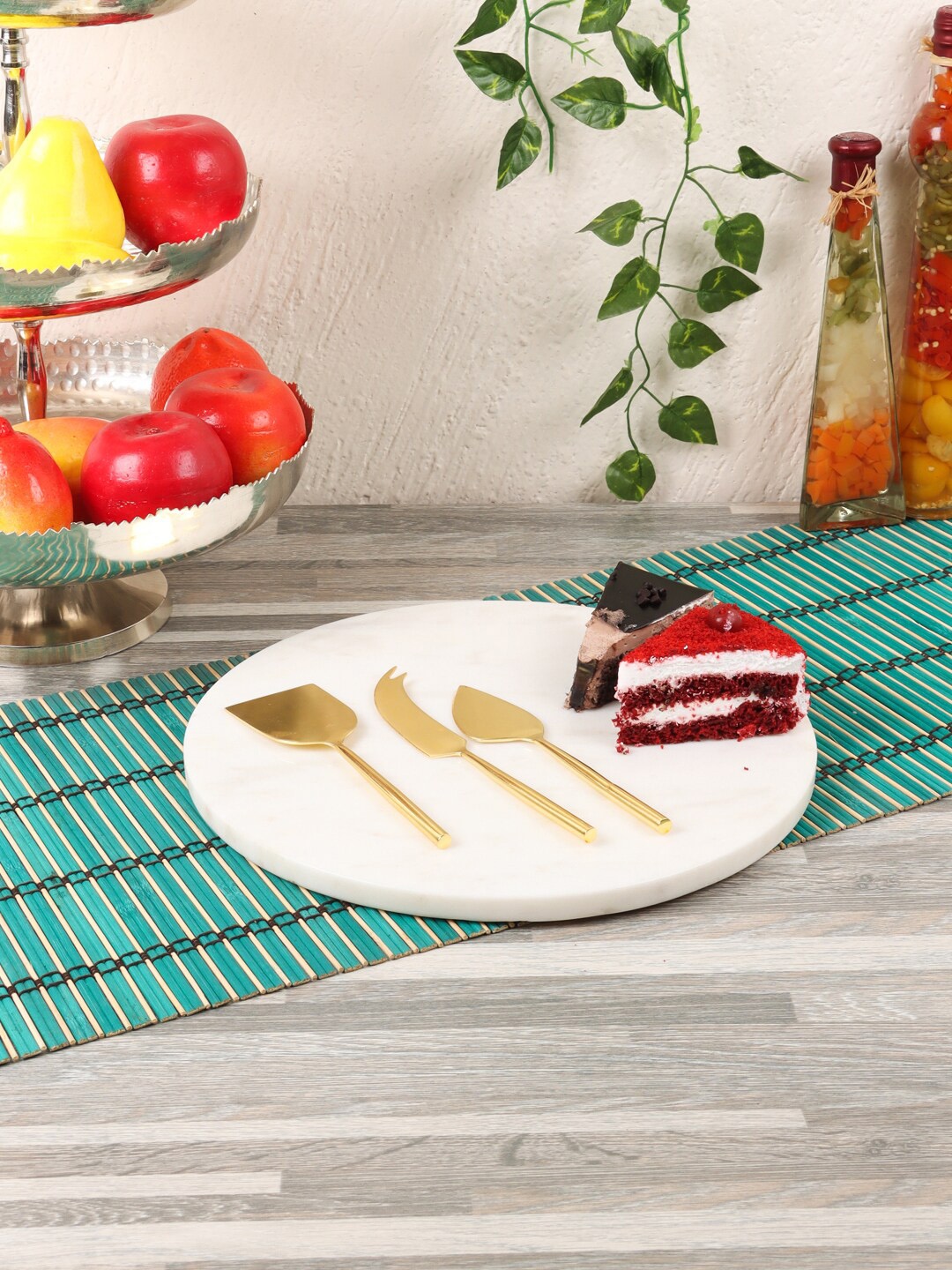 NikkisPride White & Gold-Toned 4 Pcs Solid Stainless Steel Cake Stand With 3 Cheese Knives
NikkisPride White & Gold-Toned 4 Pcs Solid Stainless Steel Cake Stand With 3 Cheese Knives