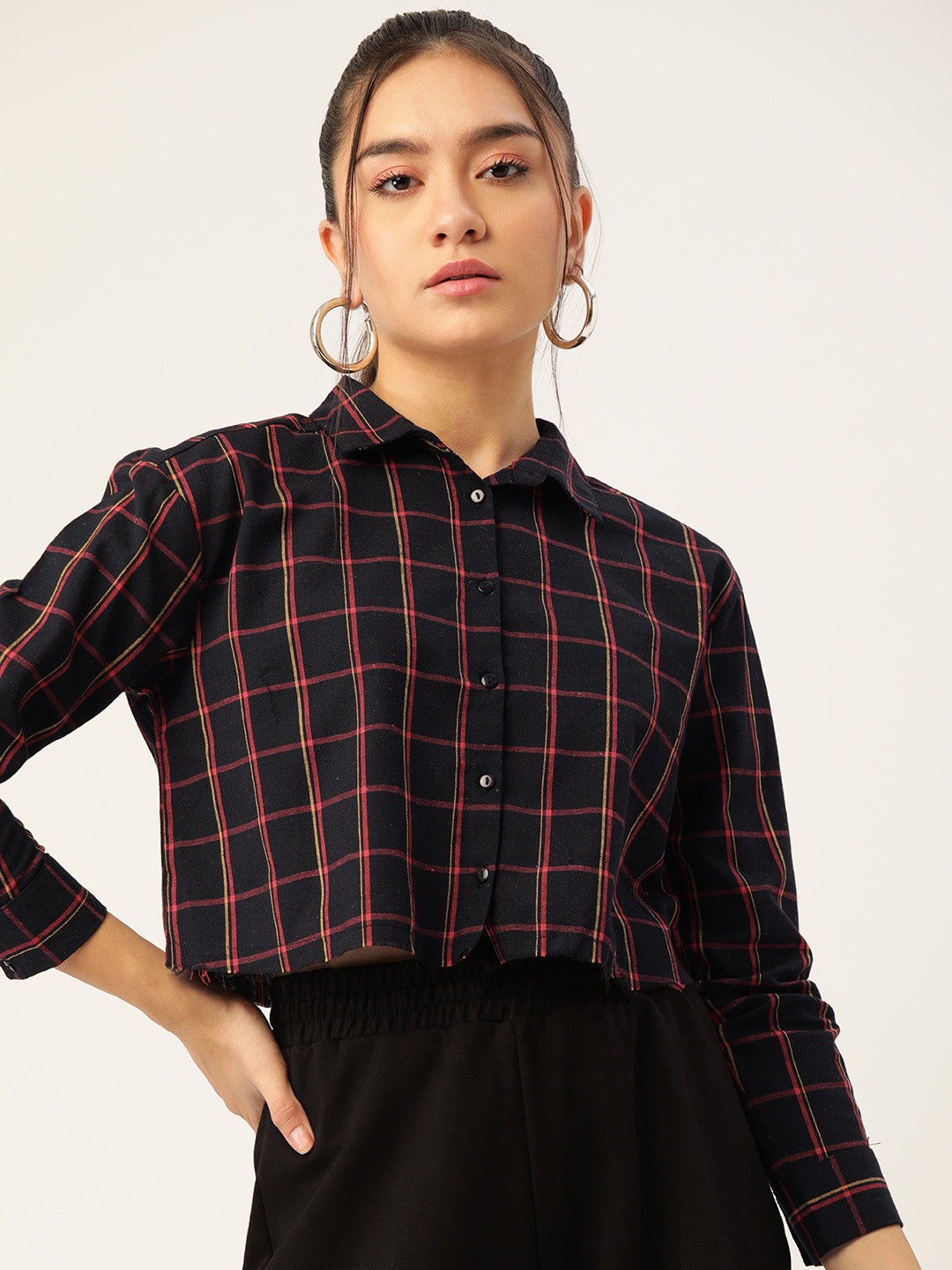 DressBerry Women Black & Red Boxy Windowpane Checked Pure Cotton Cropped Casual Shirt
DressBerry Women Black & Red Boxy Windowpane Checked Pure Cotton Cropped Casual Shirt