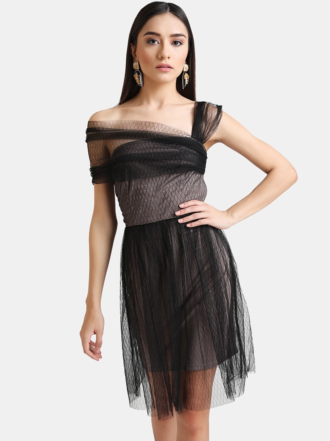 Kazo Women Black Off-Shoulder Self-Design Dress