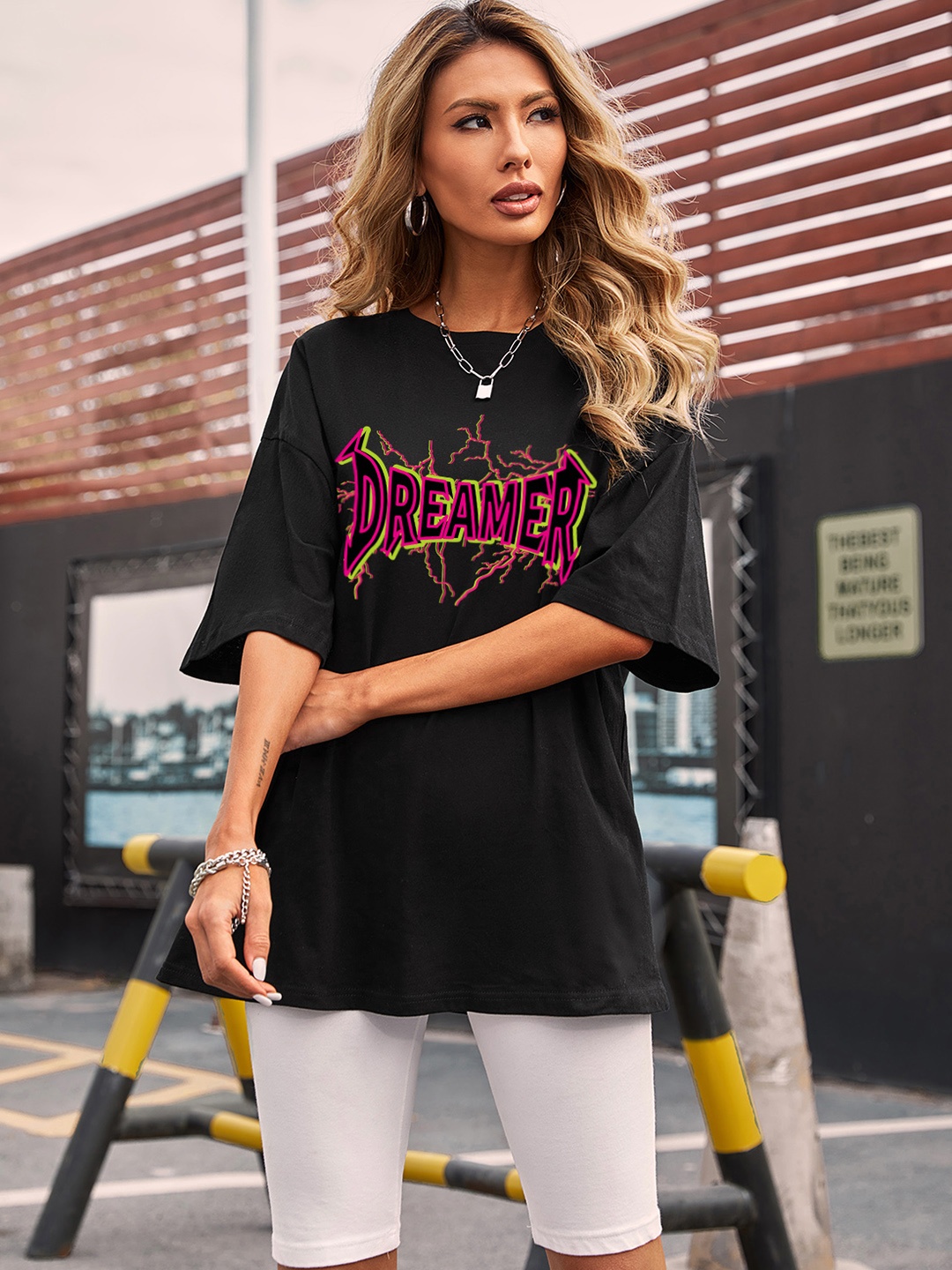 URBANIC Women Black & Pink Typography Printed Drop-Shoulder Sleeves T-shirt