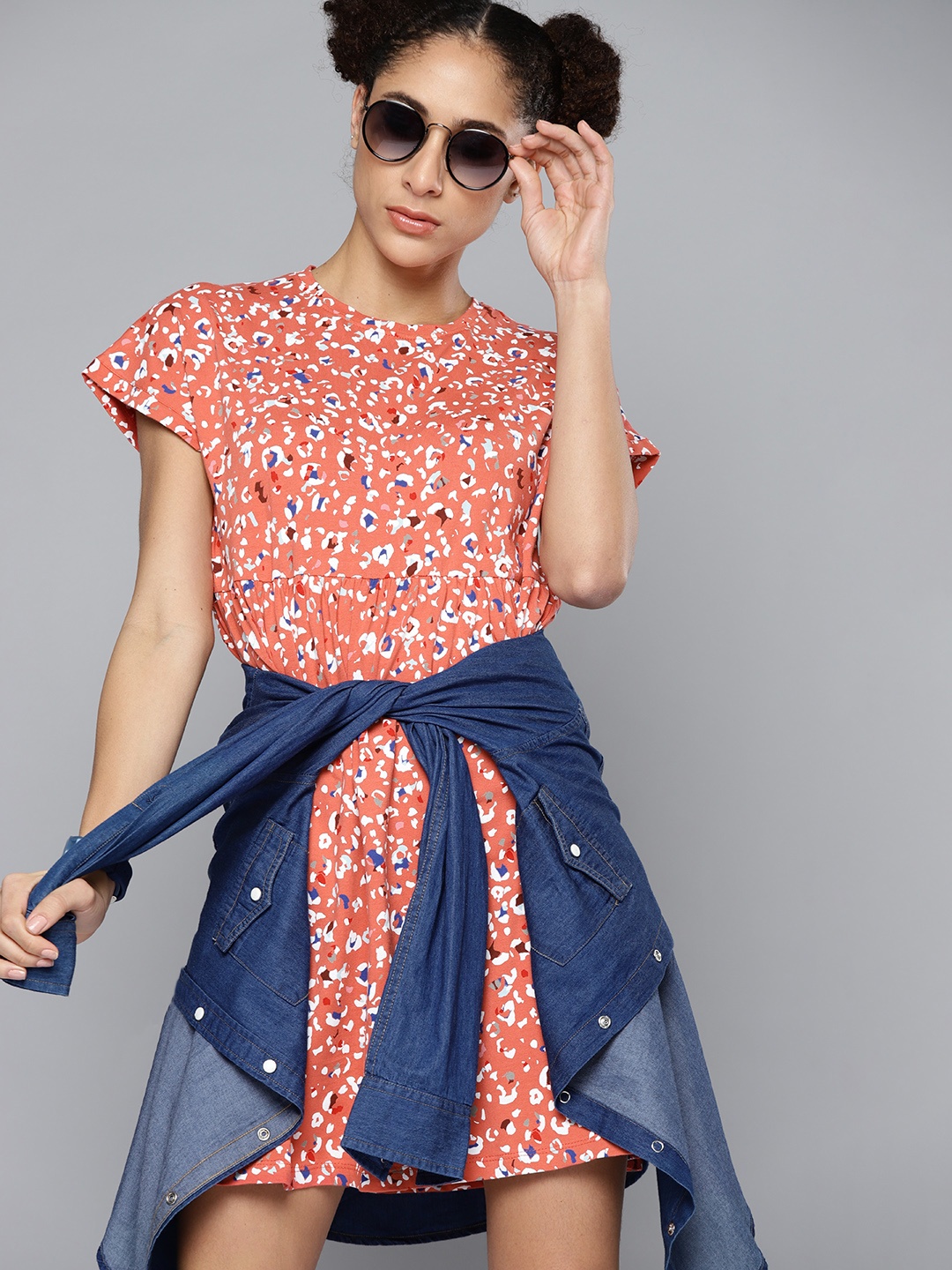 Kook N Keech Women Coral Orange & White Abstract Printed A-Line Dress