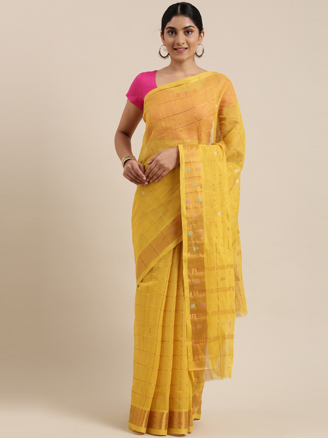 The Chennai Silks Mustard & Gold-Toned Checked Pure Cotton Venkatgiri Saree