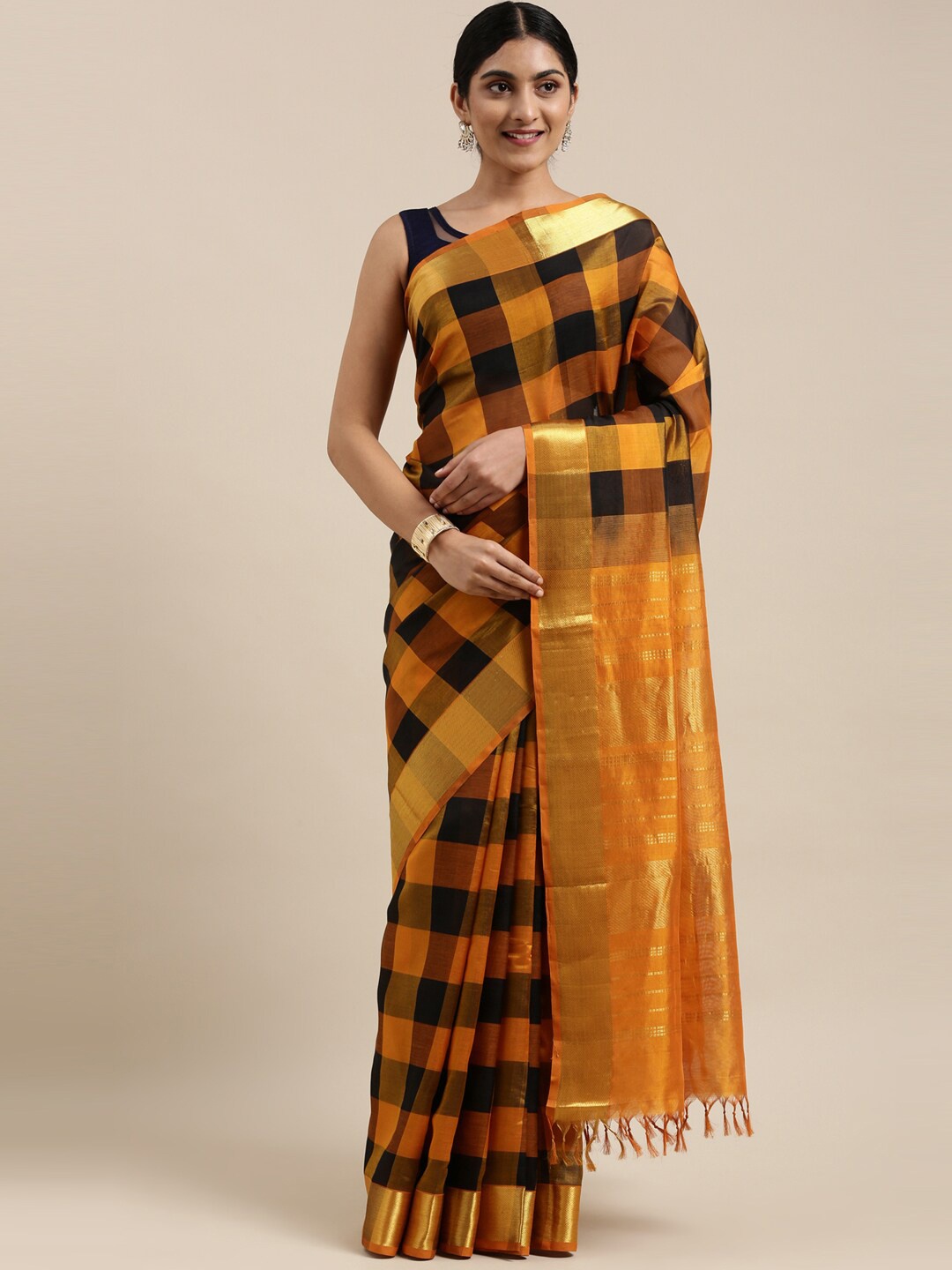 The Chennai Silks Orange & Black Checked Silk Cotton Maheshwari Saree