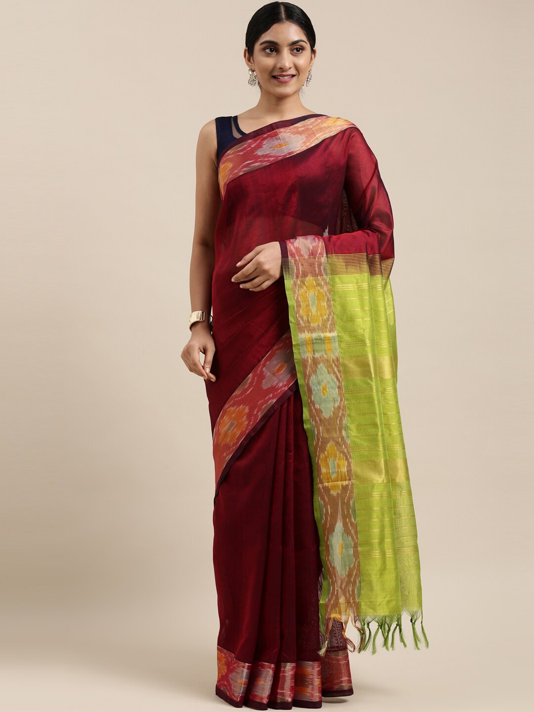 The Chennai Silks Maroon & Green Silk Cotton Maheshwari Saree