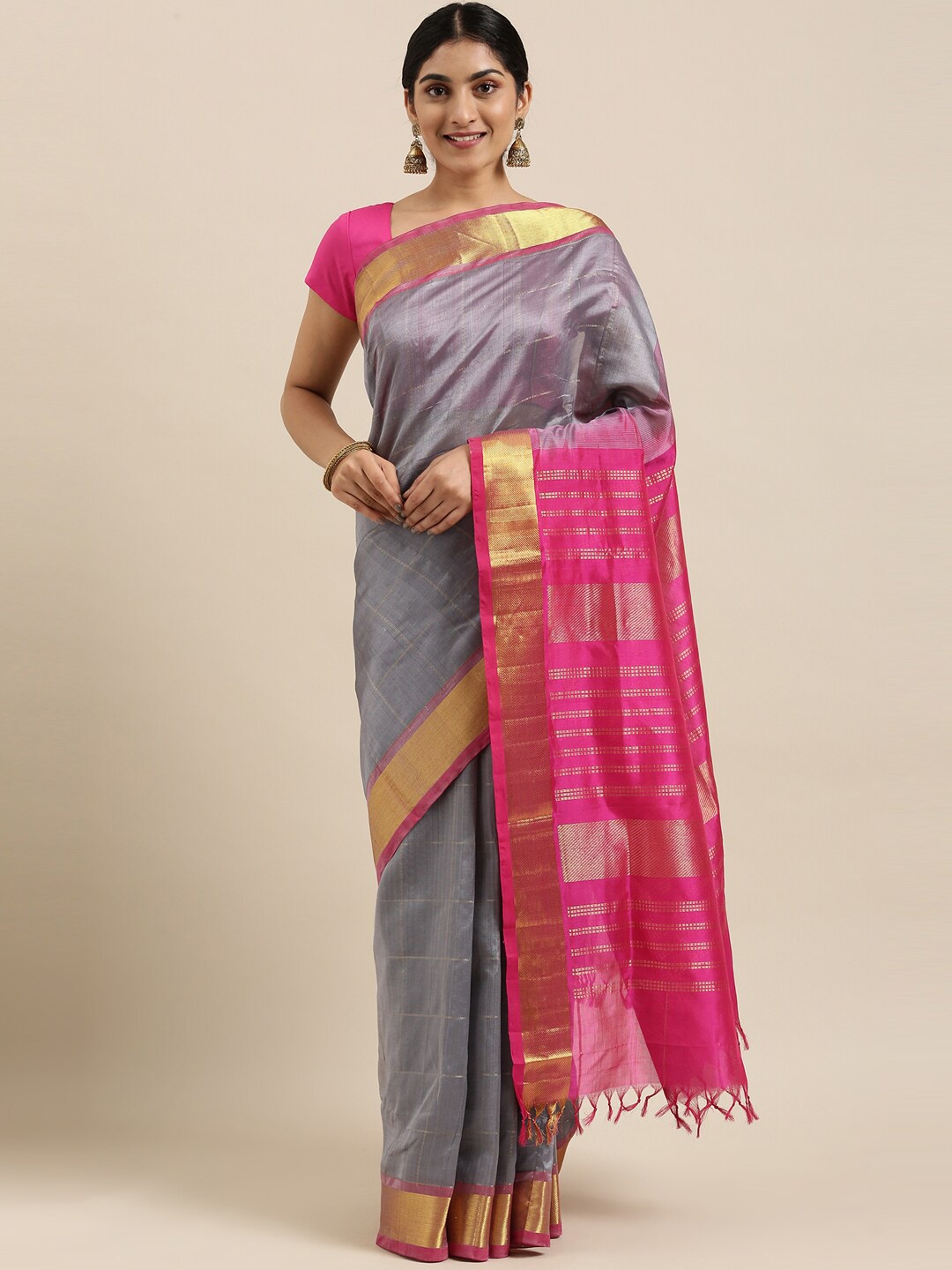 The Chennai Silks Grey & Pink Checked Silk Cotton Maheshwari Saree