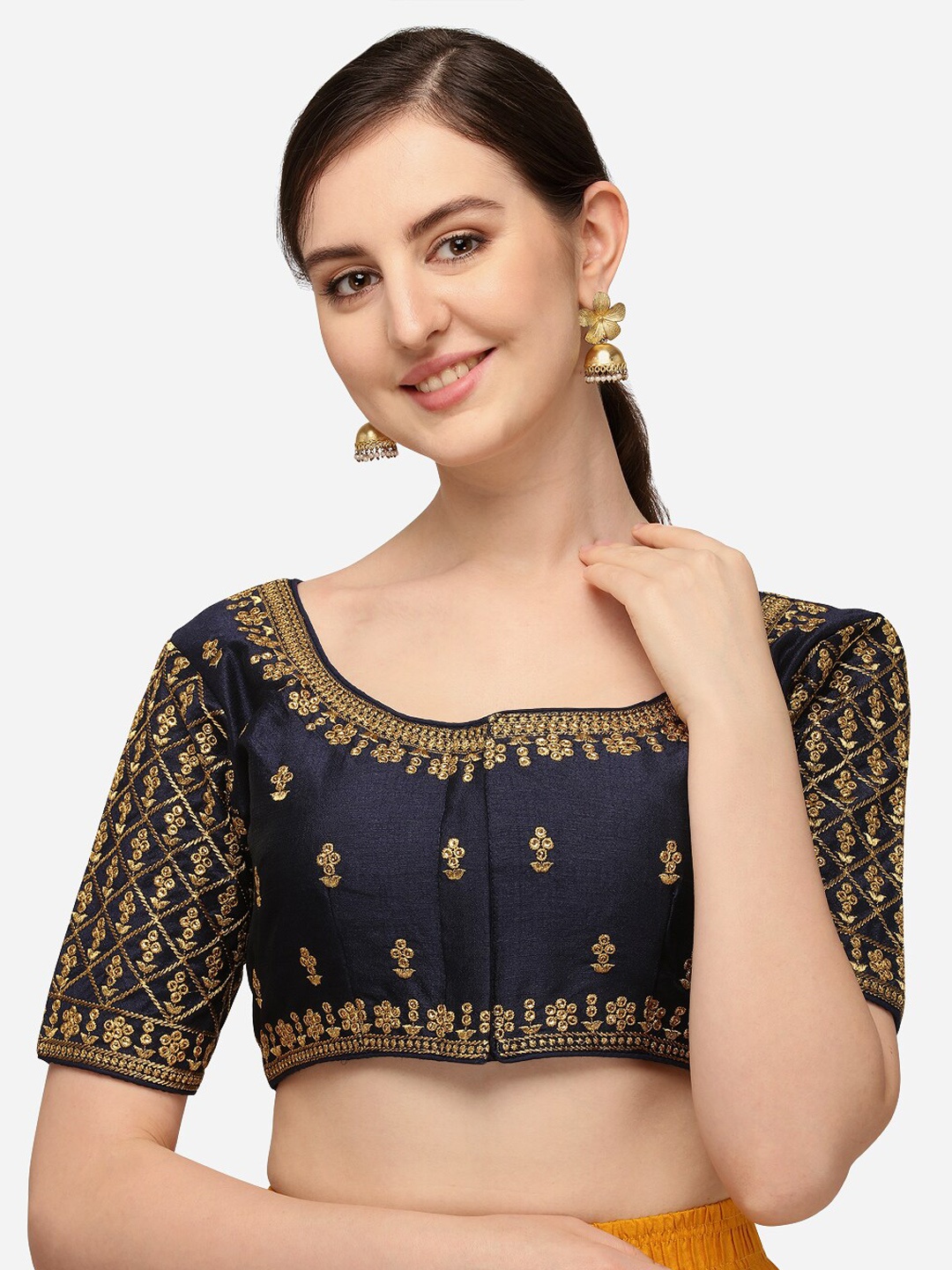 Mesmore Women Navy Blue & Gold-Coloured Embroidered Silk Saree Blouse