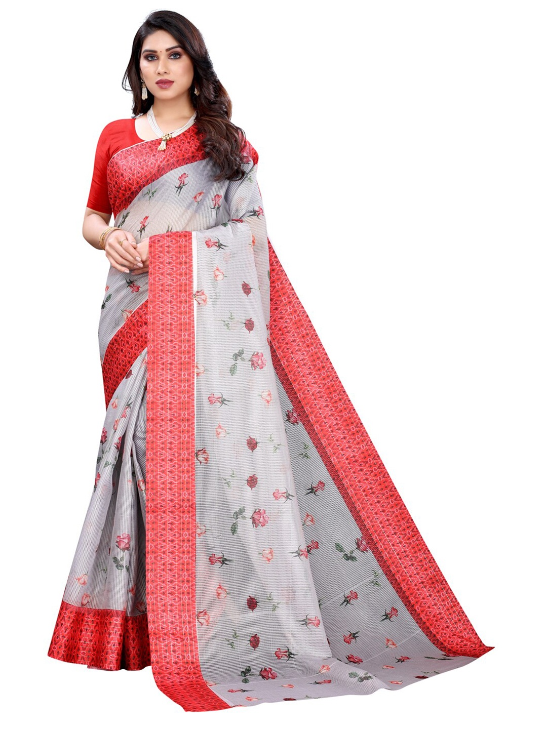 KALINI Grey & Pink Floral Zari Saree