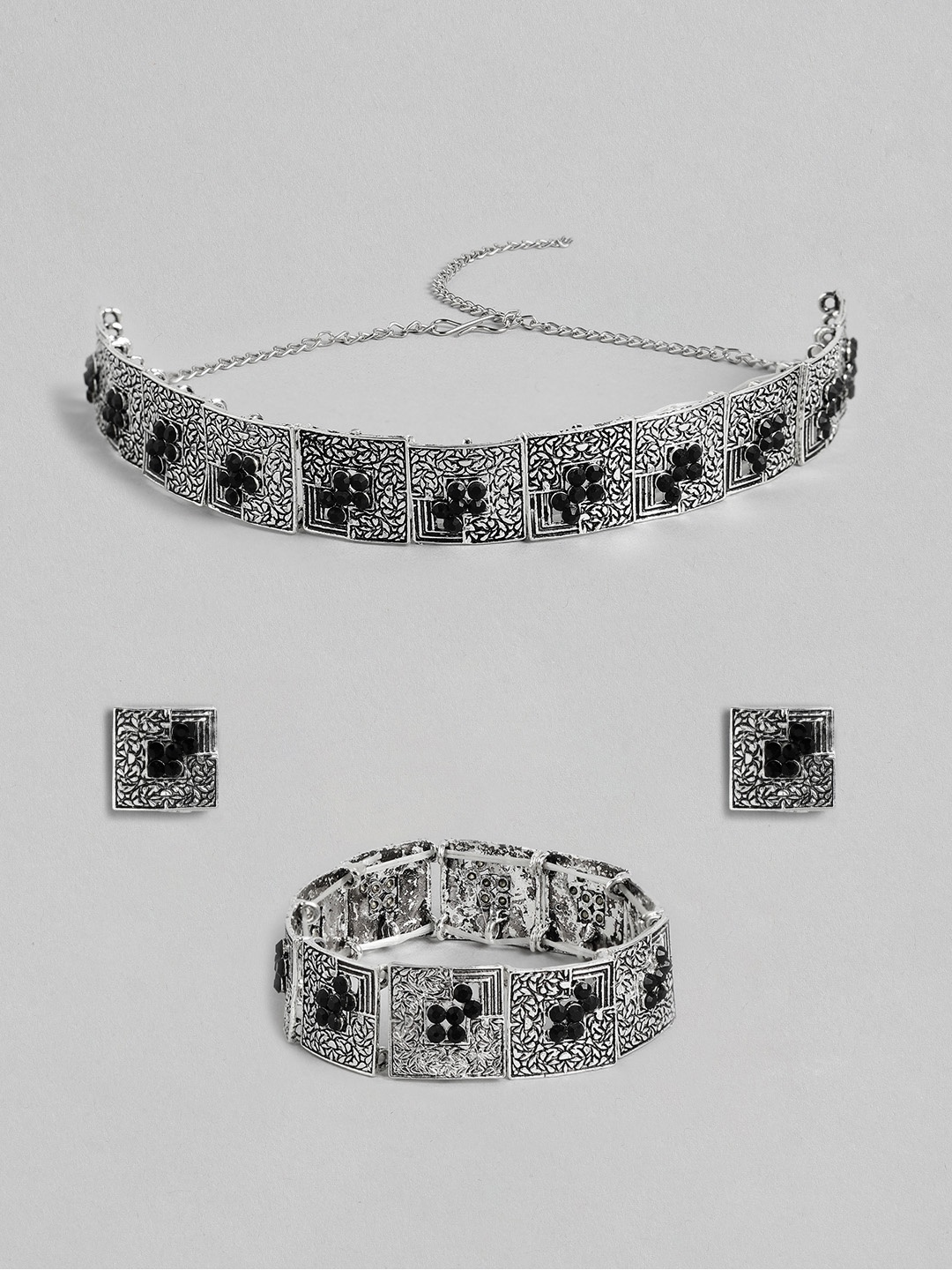 Kord Store Silver & Black Oxidised Black Stone Collar Necklace Set And Bracelate Combo
Kord Store Silver & Black Oxidised Black Stone Collar Necklace Set And Bracelate Combo