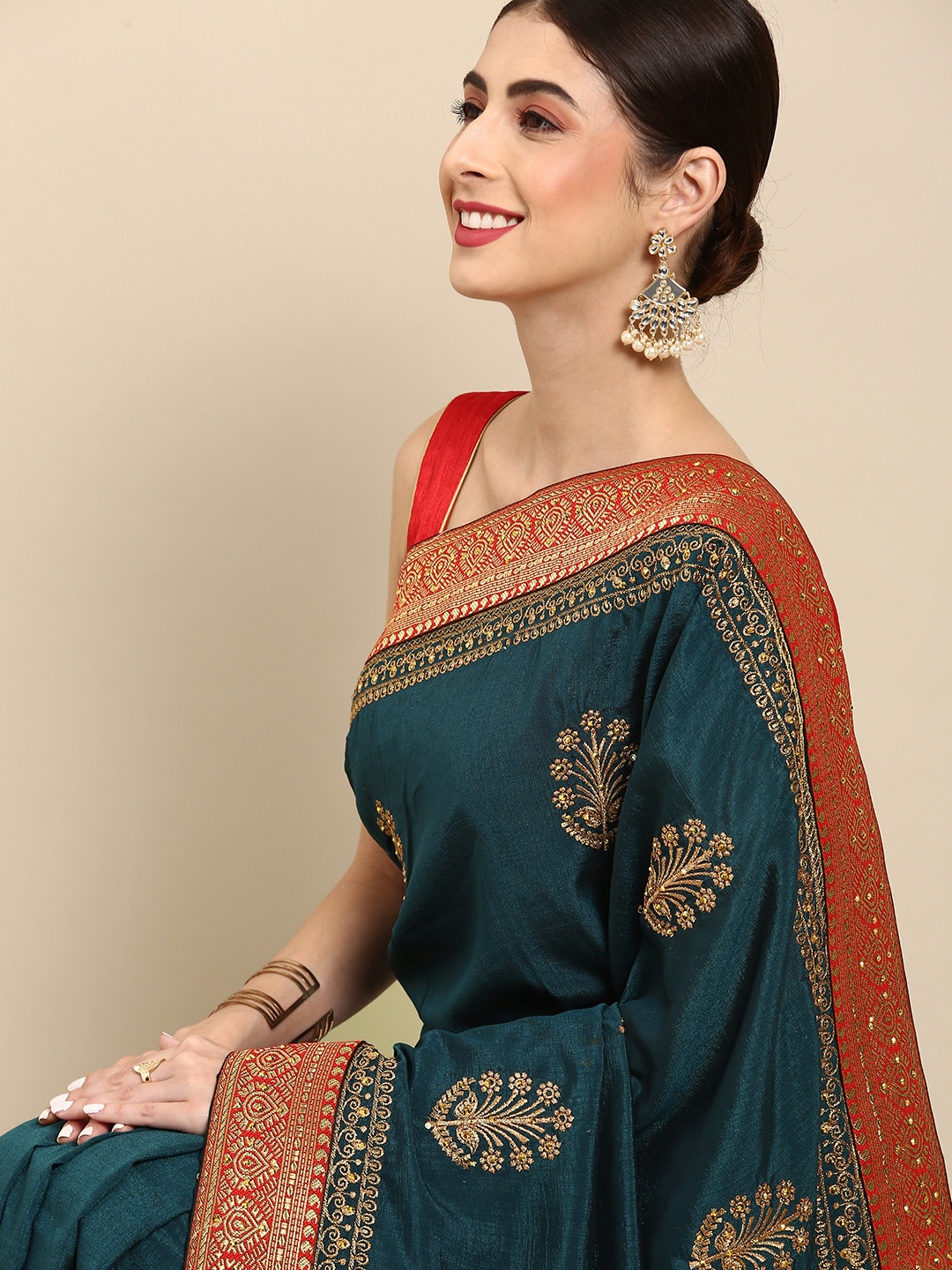 Anouk Teal & Red Ethnic Motifs Zari Silk Blend Kota Saree