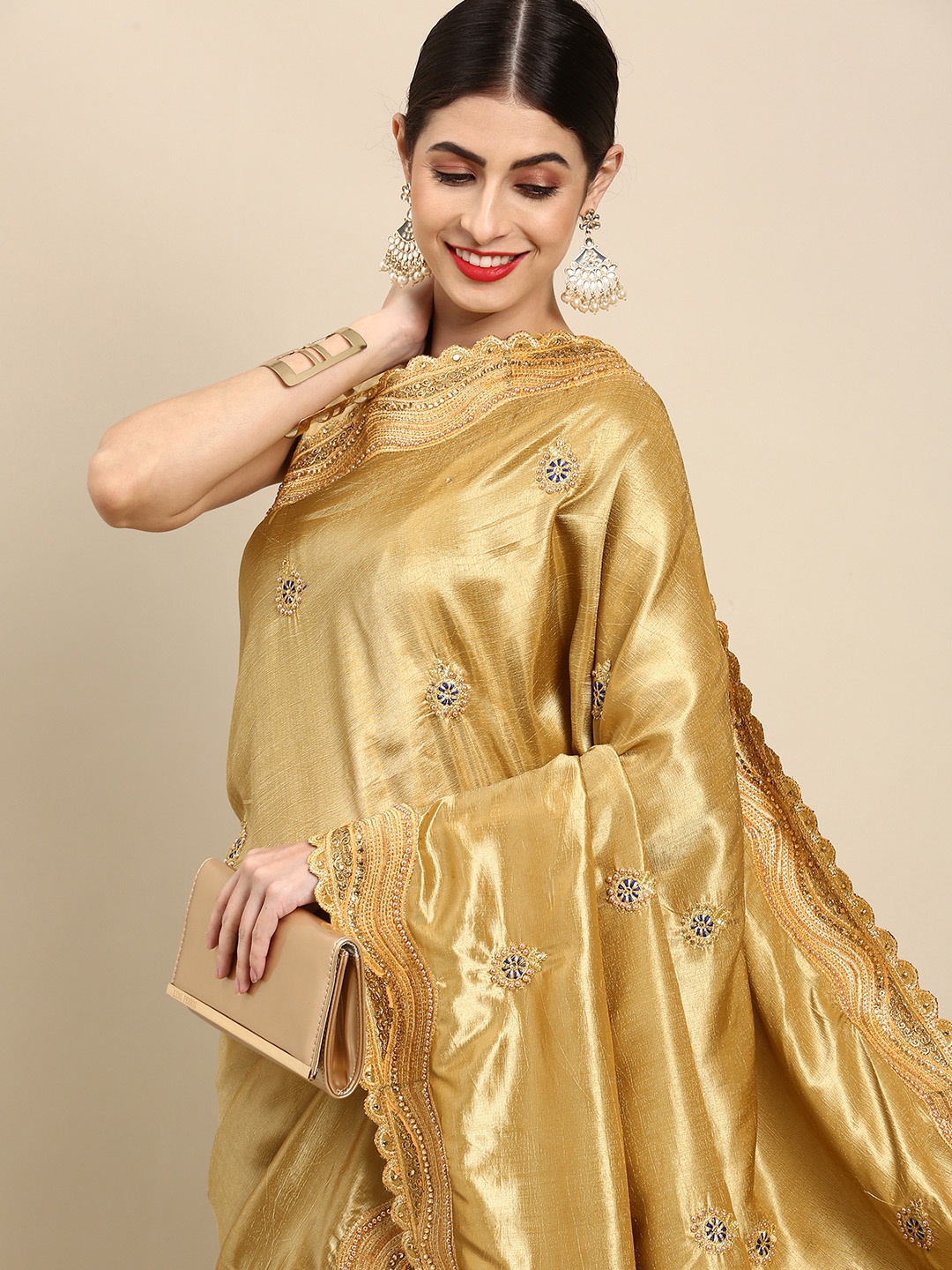 Anouk Golden Ethnic Motifs Embroidered Saree, Gold