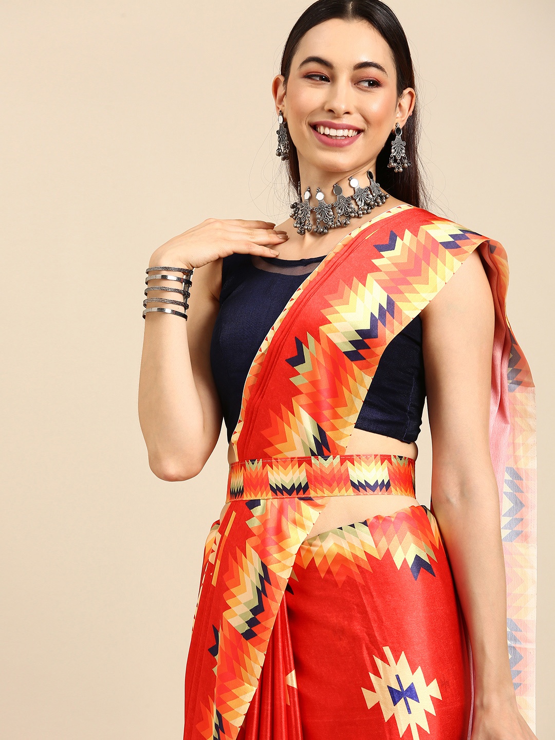 Anouk Coral & Yellow Jaali Ikat Saree