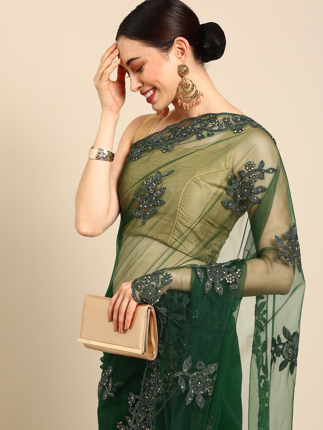 Anouk Green & Grey Embellished Net Ready to Wear Saree