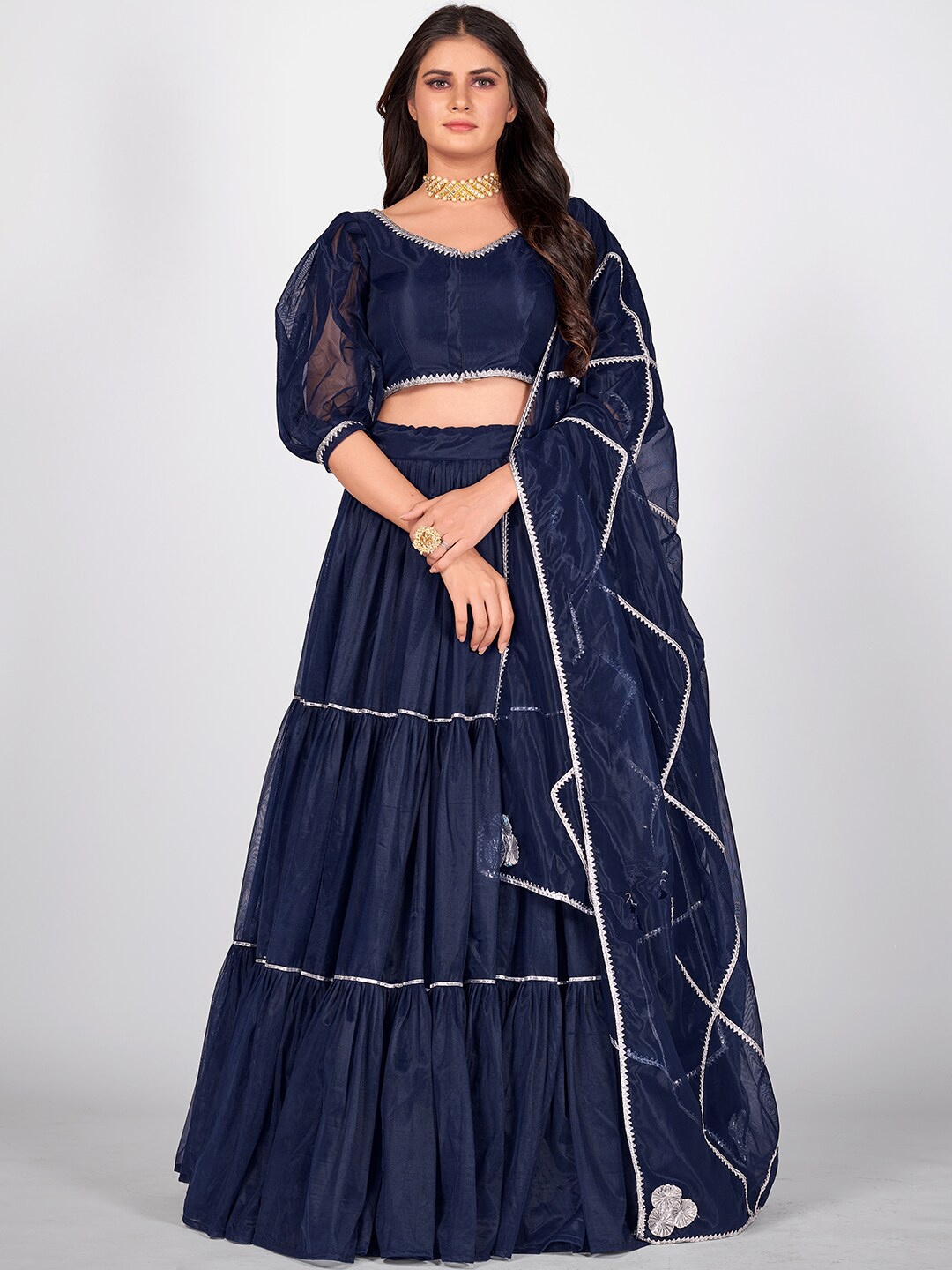 SHOPGARB Navy Blue & Silver-Toned Semi-Stitched Lehenga & Unstitched Blouse With Dupatta
SHOPGARB Navy Blue & Silver-Toned Semi-Stitched Lehenga & Unstitched Blouse With Dupatta