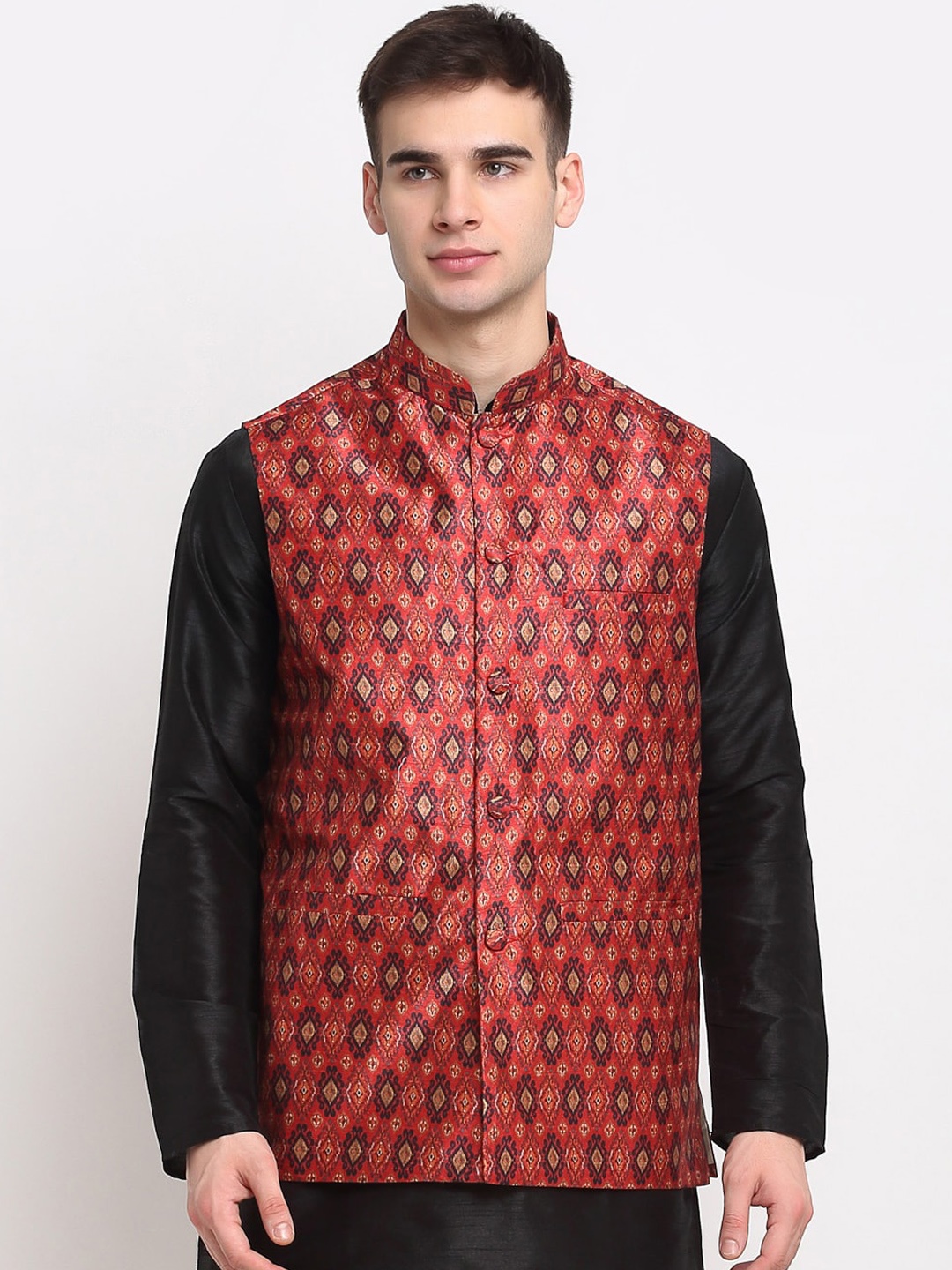 Jompers Men Red & Black Printed Satin Nehru Jacket