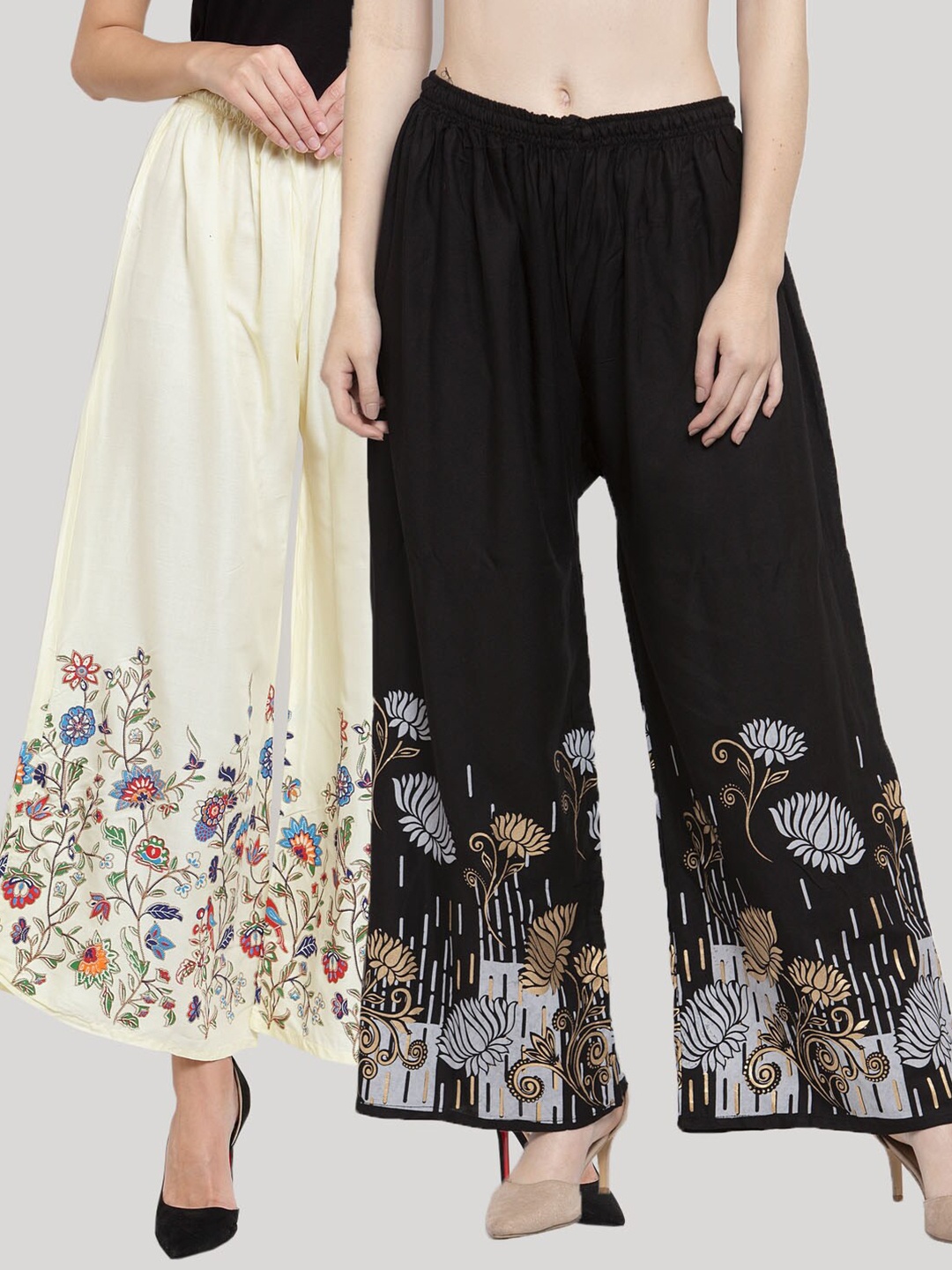 Clora Creation Women Black & Cream-Coloured Pack of 2 Floral Printed Ethnic Palazzos
Clora Creation Women Black & Cream-Coloured Pack of 2 Floral Printed Ethnic Palazzos